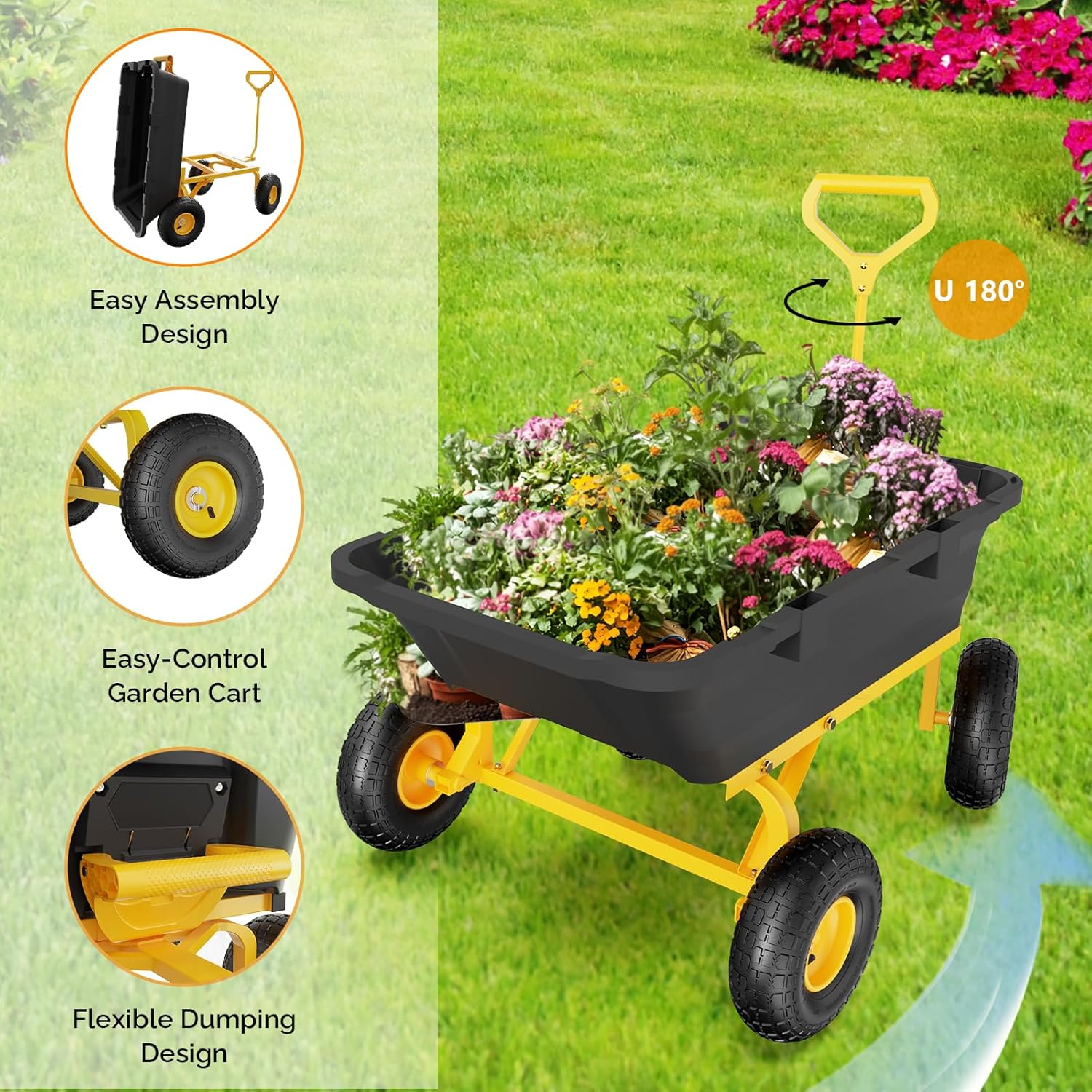 VINGLI Heavy Duty Dump Cart Wagon, 770LBS Quick-Release Dump Poly Wheelbarrow, 10in All-Terrain Pneumatic Tires Garden Wagon for Garden, Yard, Beach