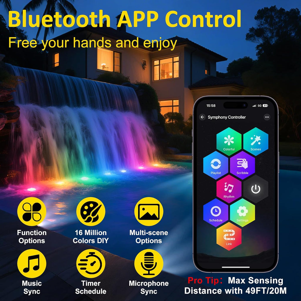 T-SUN Color Changing Pond Lights LED Underwater APP and Remote Control Submersible Fountain Lights IP68 Waterproof Landscape Spotlight Fish Tank Light for Koi Pond Aquarium Garden (Set of 2)