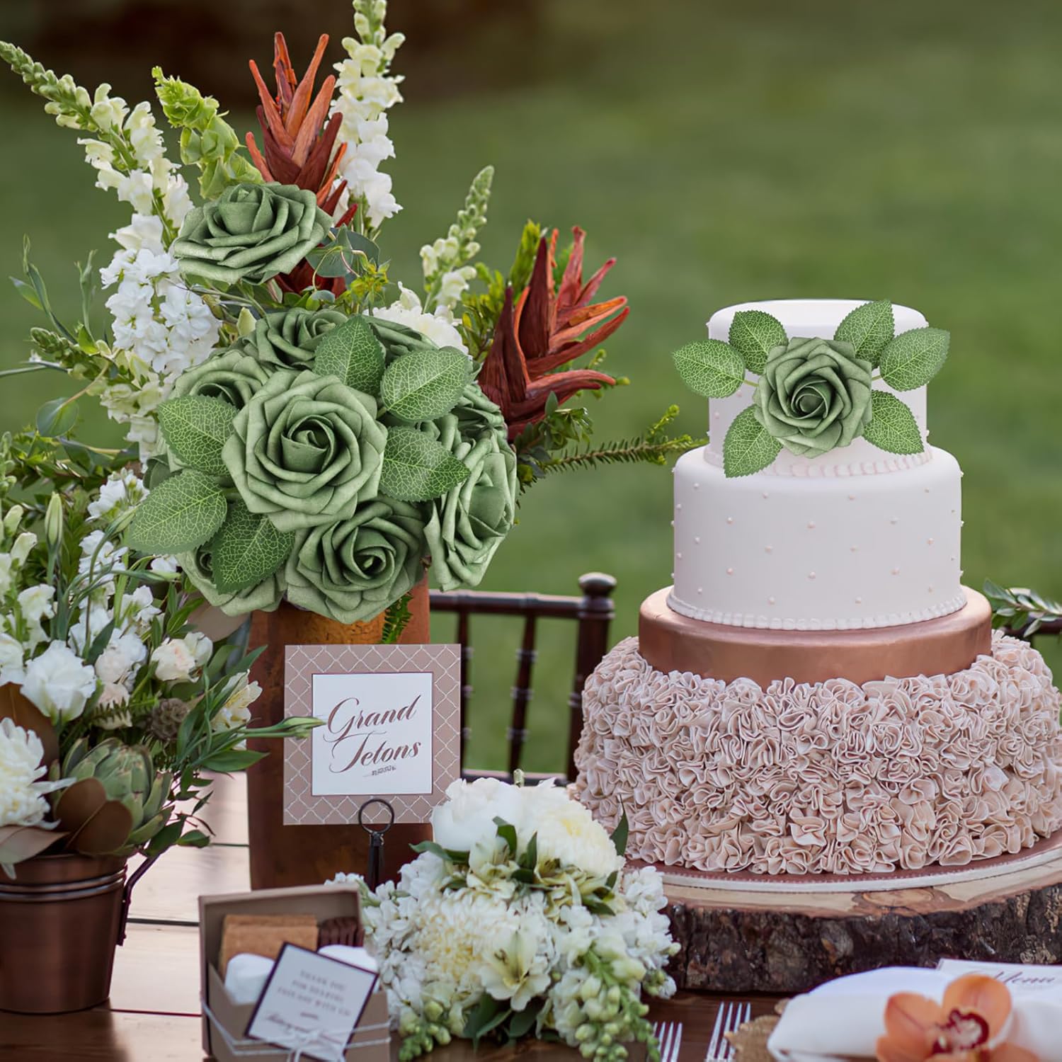 AmyHomie Artificial Flowers Green Rose 25pcs Real Looking Fake Roses w/Stem for DIY Wedding Bouquets Centerpieces Arrangements Party Baby Shower Home Decorations