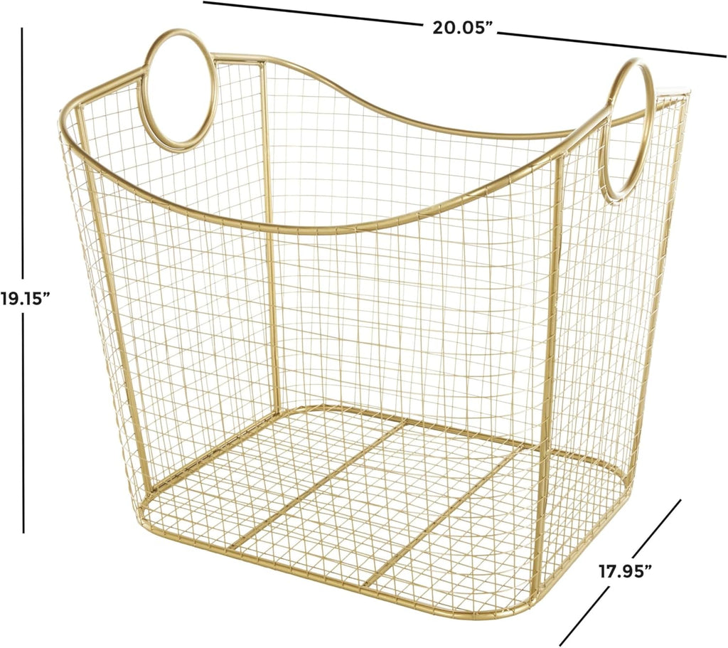 Deco 79 Metal Decorative and Functional Storage Basket Deep Basket Organizer with Round Handles, Basket for Storage 20" x 18" x 19", Gold