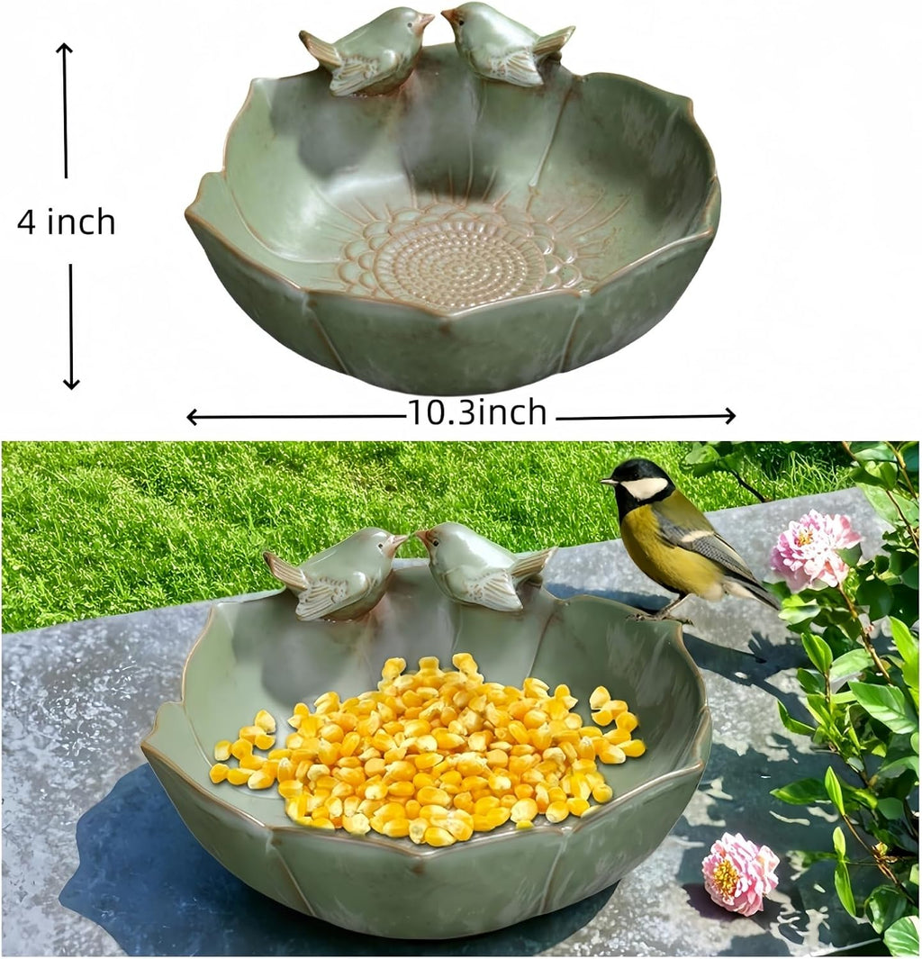 Bird Bath for Outside on Ground, 10 in Ceramic Birds Bath Bowl, Handmade Ground Bird Feeders and birdbath for Outdoors for Outdoors, Garden, Tabletop, Balcony and Lawn (Big - deep)