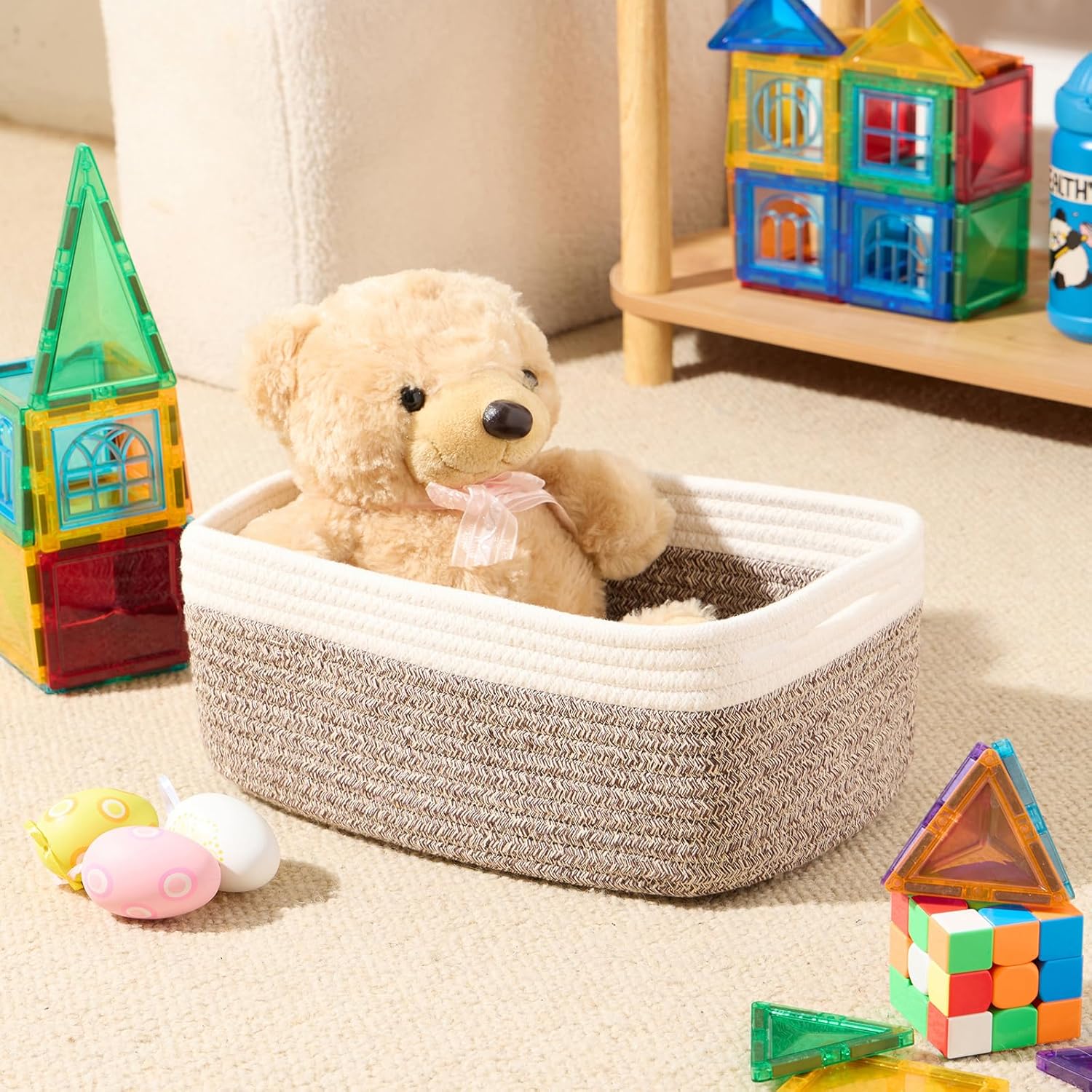 Small Storage Baskets for Organizing | Closet Organizer Bins | Shelf Toy Basket | Woven Rope Baskets | Cube Decorative Box | Shallow Basket | 13x8.5x5.1” | 4 Packs White Brown