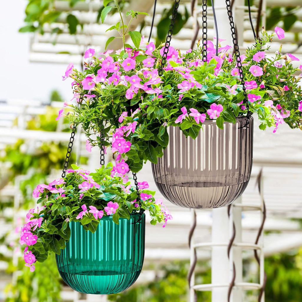 Maxcheck 4 Pcs Self Watering Hanging Planters Indoor Gift 6.5'' 4.5'' Hanging Flower Pots Baskets Outdoor Self Watering Plant with 3hooks Drainage Holes for Home(Emerald,Grey)