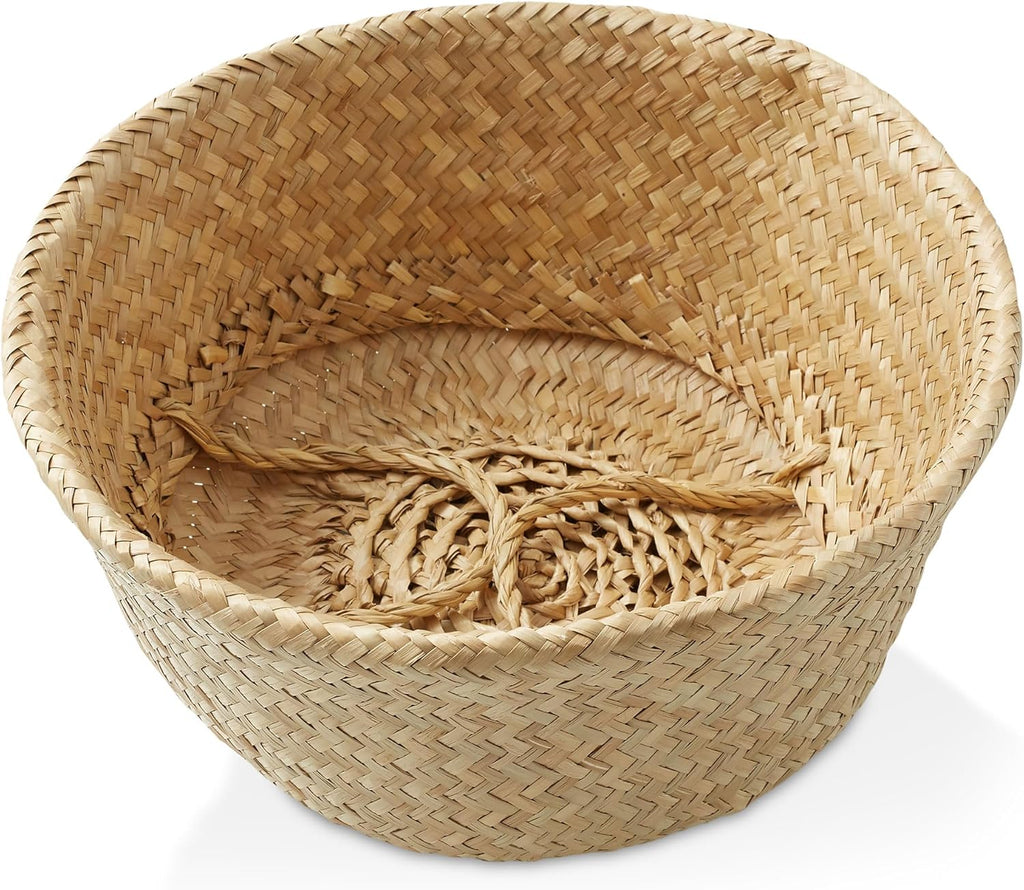 Casafield Seagrass Belly Storage Basket Planter with Handles - Large, Natural Woven Wicker Indoor Plant Pot Cover for Plants and Trees