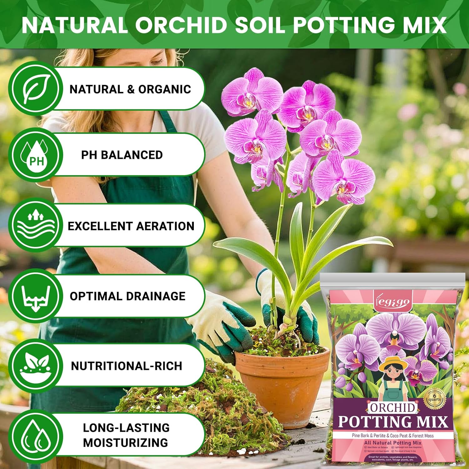 Legigo 4 QT Orchid Potting Mix- Natural Orchid Soil Mix for Repotting with Moss, Pine Bark, Coco Peat and Perlite, Enhanced Drainage Orchid Bark Potting Mix Repotting Kit for Indoor Plant Growth