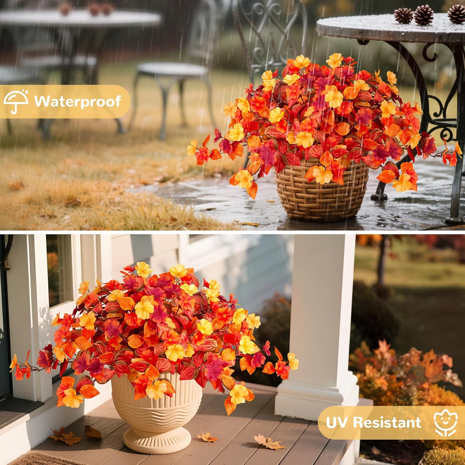 Fake Fall Flowers Artificial for Decoration 2PCS Faux Silk Fall Flowers Plants for Outdoors Outside Planters UV Resistant Looks Real for Front Door Porch Patio Garden Decor