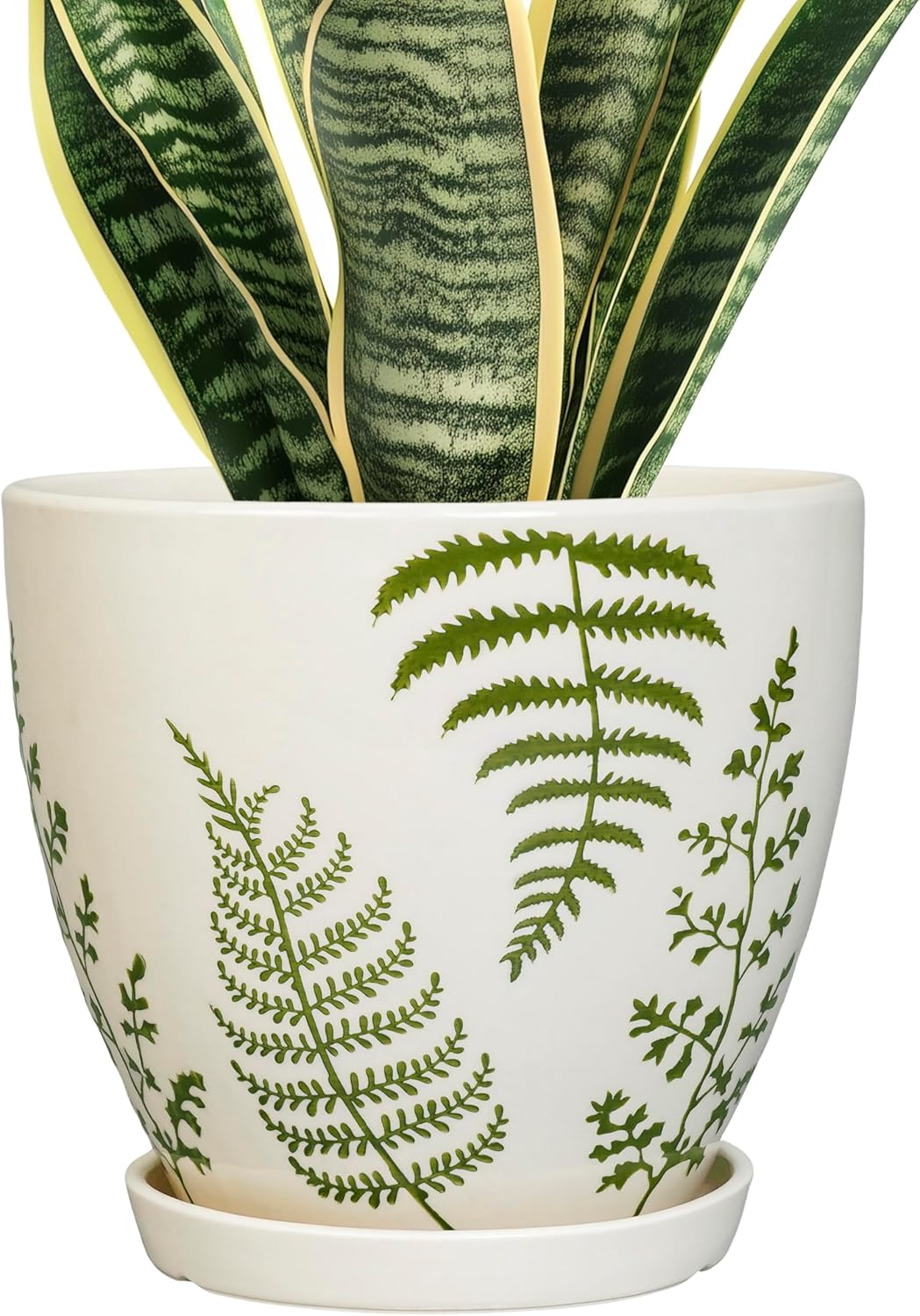 Ceramic Plant Pot 8.2 Inch - Ceramic Planter for Indoor Plants, Boho Round Decorative Outdoor Flower Pot with Drainage Hole and Saucer, Housewarming Gifts, Office Home Garden Decor, White