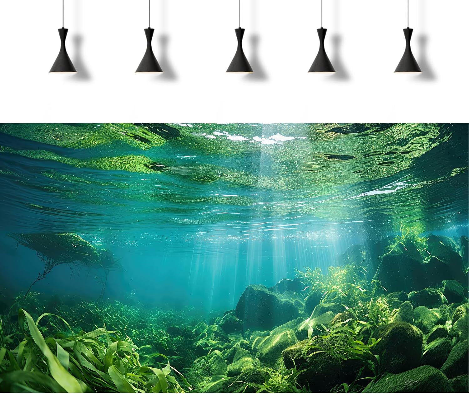 Under The Sea Fish Tank Background Aquatic Plants Deep Sea Aquarium Background Underwater Sunray Rock with Moss Terrarium Backgrounds Deep Ocean Floor Tropical Fish Tank Backgrounds 48x20in