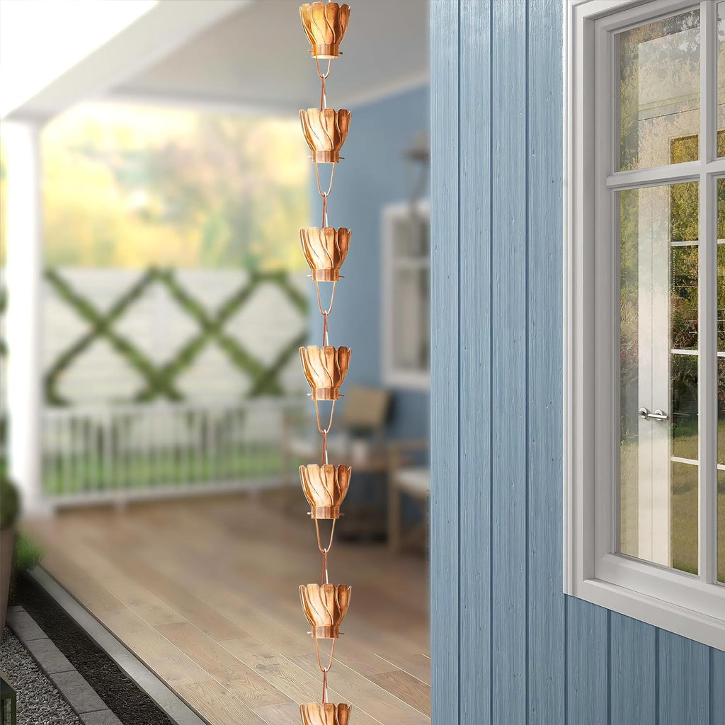 Monarch Rain Chains Pure Copper Akira Rain Chain, 8.5 ft Decorative Rain Catcher Chain for Gutters, Large Rain Chains for Outside, Rain Gutter Replacement Downspout