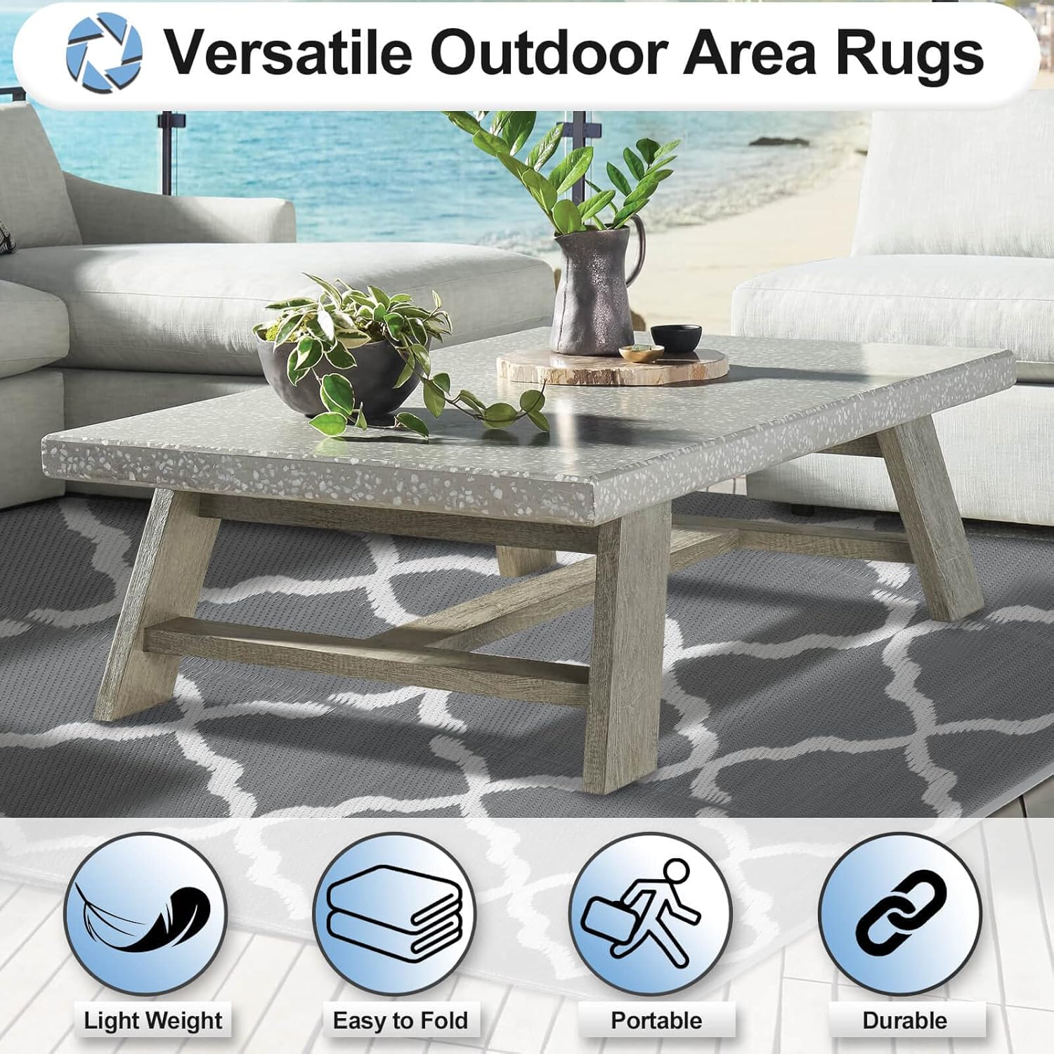 OutdoorLines Outdoor Plastic Area Rugs for Patio 5x8 ft - Reversible Outside Carpet, Stain & UV Resistant RV Mats, Straw Rug for Camping, Deck Garden, Porch and Balcony, Moroccan Grey & Light Grey