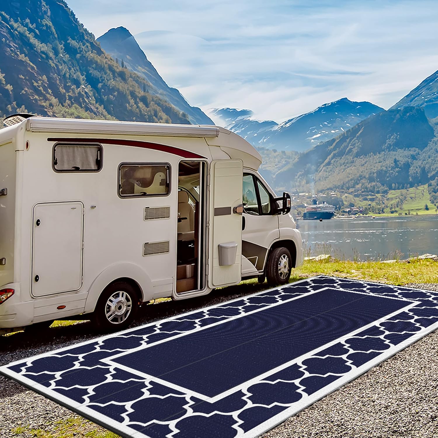 GENIMO 10 ' x 20 ' Outdoor Rug Waterproof for Patio Decor, Foldable Reversible Plastic Straw Area Rugs Mat for Camper, Outside Carpet for Rv, Deck, Porch, Picnic, Beach, Balcony, Blue & White