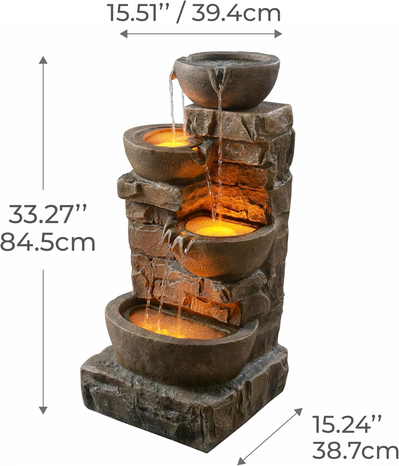 Teamson Home 33.27" Outdoor Freestanding Water Fountain with LED Lights, Cascading Bowls & Stacked Stones, Floor Fountain for Patio, Garden, Balcony, Lawn, Yard Decor, Brown Polyresin