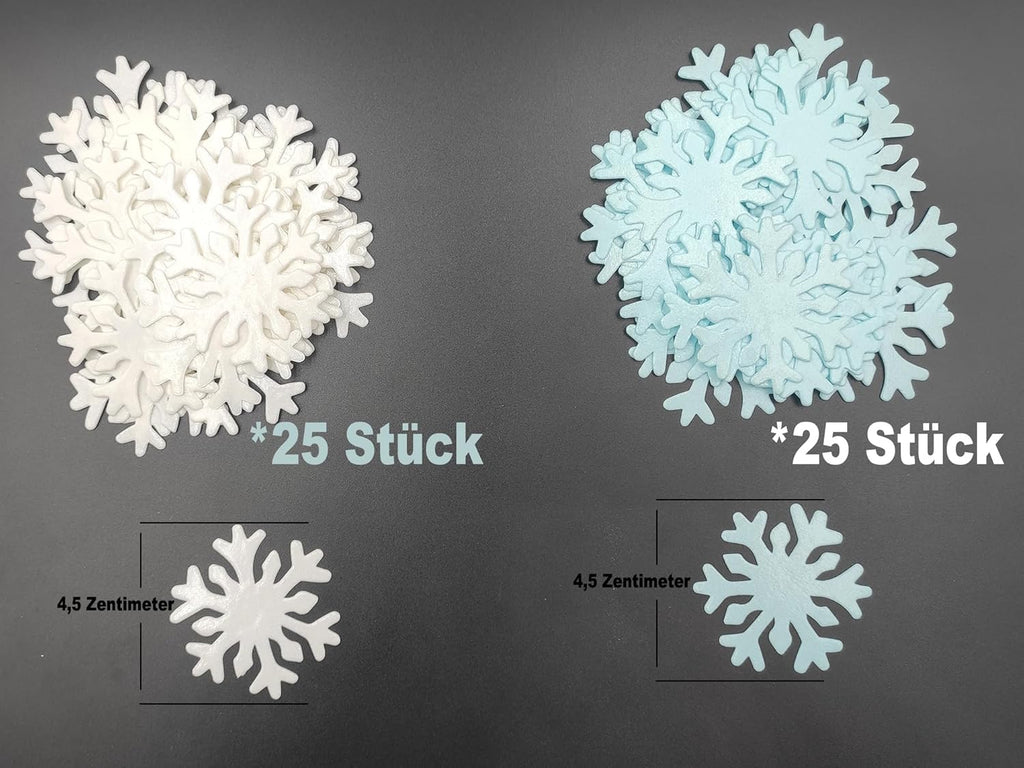 50pcs Edible Snowflakes for Cake Decorating Cupcake Toppers for Christmas Winter frozen Theme Birthday Party Decorations (White & Blue)