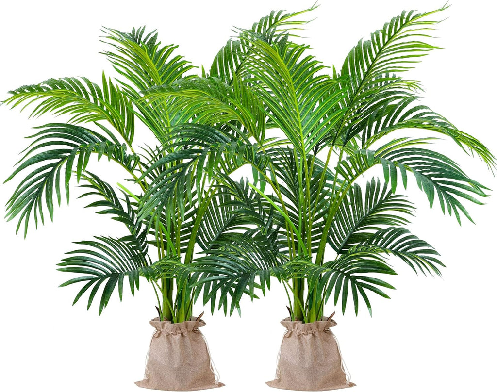 Worth Garden 4ft Artificial Areca Palm Plant 2 Packs in Pot, Fake Cane Palm Silk Tree Indoor Outdoor, Dypsis Lutescens, 47in Lifelike Faux Silk Plant Home Decor, Two Linen Bags Included