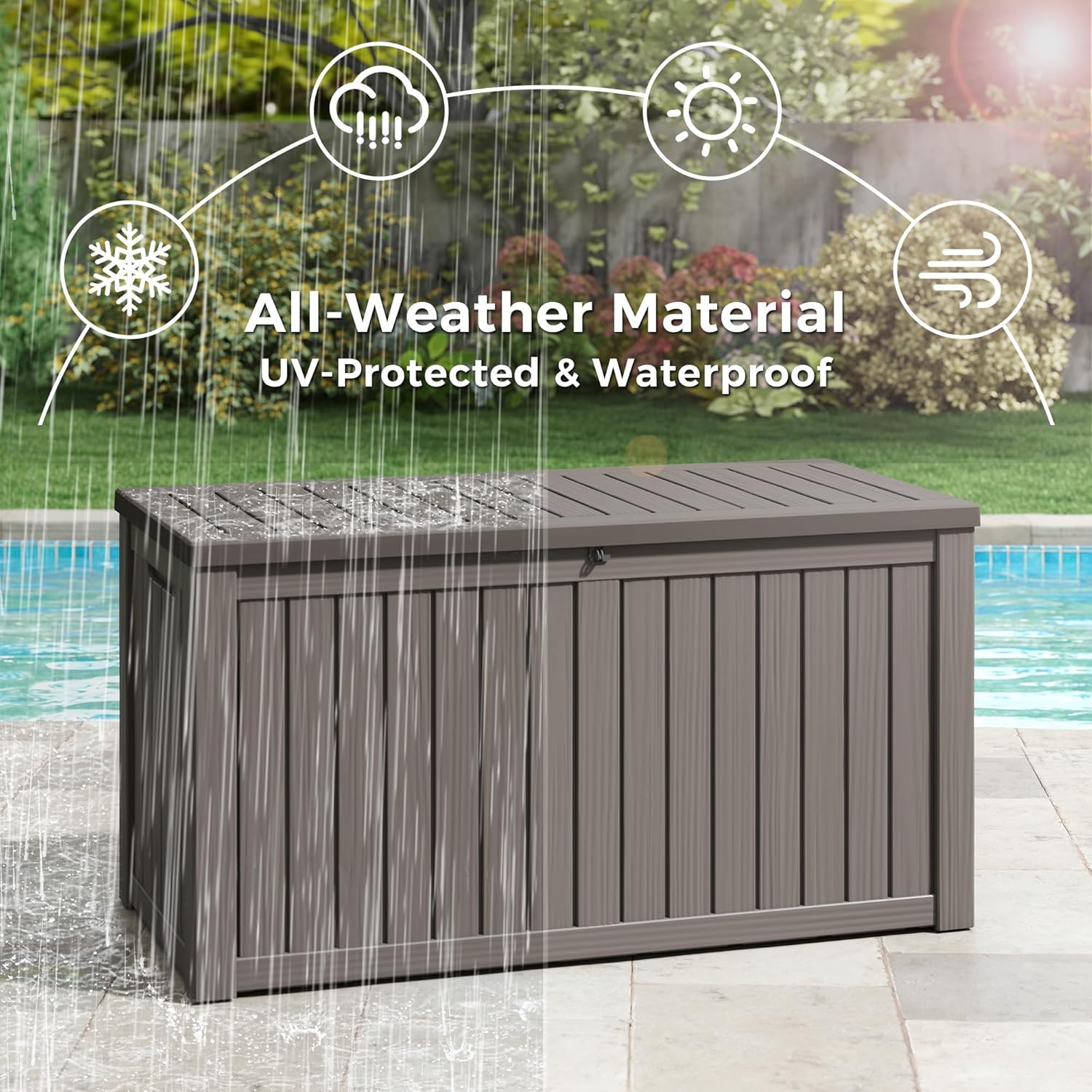 KAMABOKO Outdoor Storage Box, 150 Gallon Large Outdoor Resin Deck Box, Storage Waterproof Boxes Lockable Lid for Garden Tools, Pool Supplies, Patio Furniture and Cushions, Grey