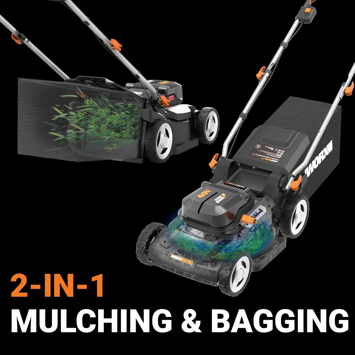 WORX 40V 17'' Cordless Lawn Mower for Medium Size Yards, 2-in-1 Electric Mower Cuts to Edge, Compact & Lightweight Push Lawn Mower with 6-Position Height Adjustment – 2 Batteries & Charger Included