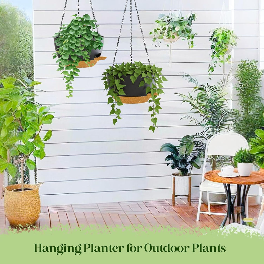 10 Inch Hanging Planters with Chains 2 Pack Self Watering Black Brown Plastic Hanging Pots for Indoor Outdoor Plants, Garden Porch Home Decor (Black Brown)