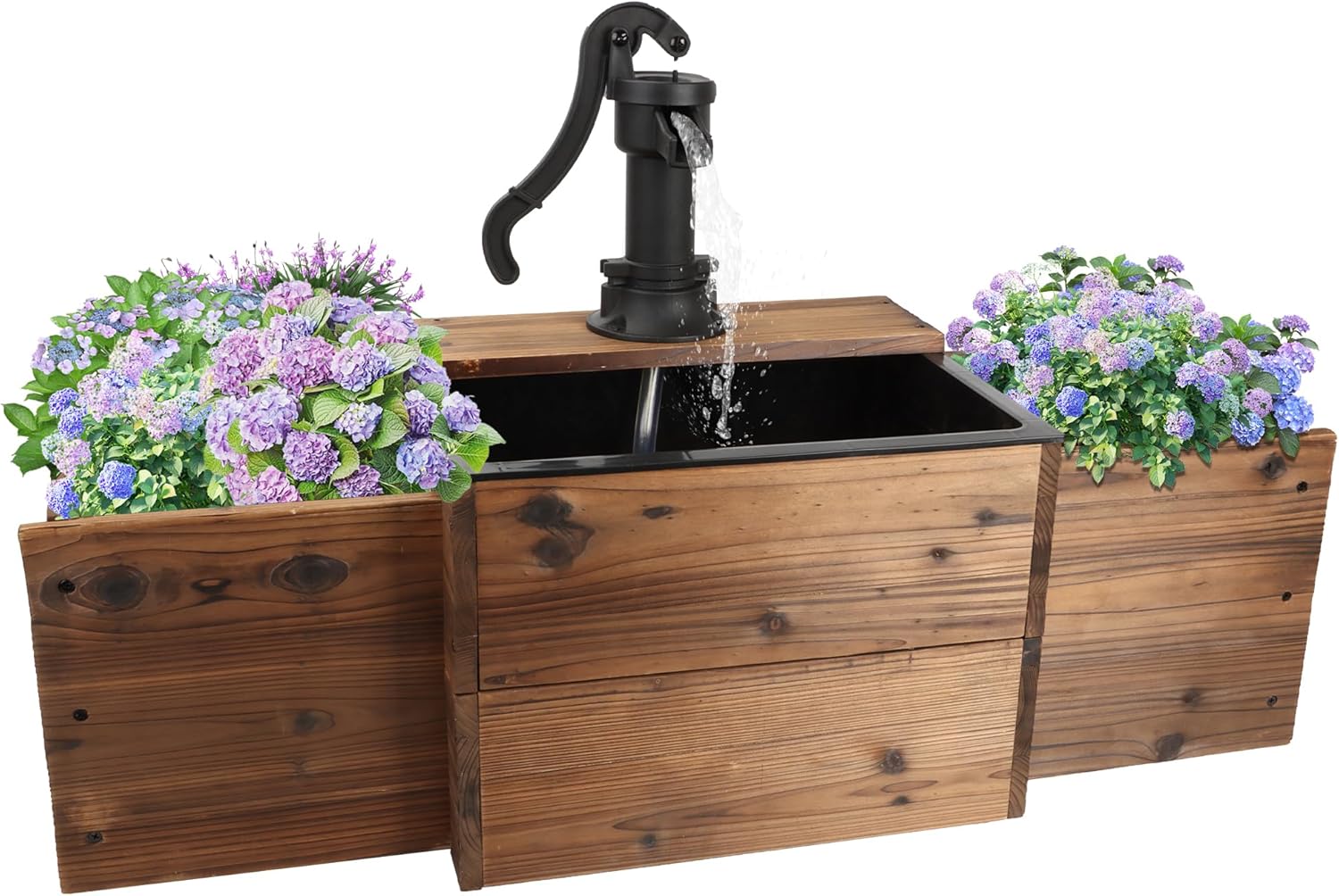 Outdoor Floor Wooden Rectangular Pump Water Fountain,Old-Fashioned Fountain with Flower Box,Electric Decorative Hand Pump, Outdoor Water Feature for Garden Patio Backyard