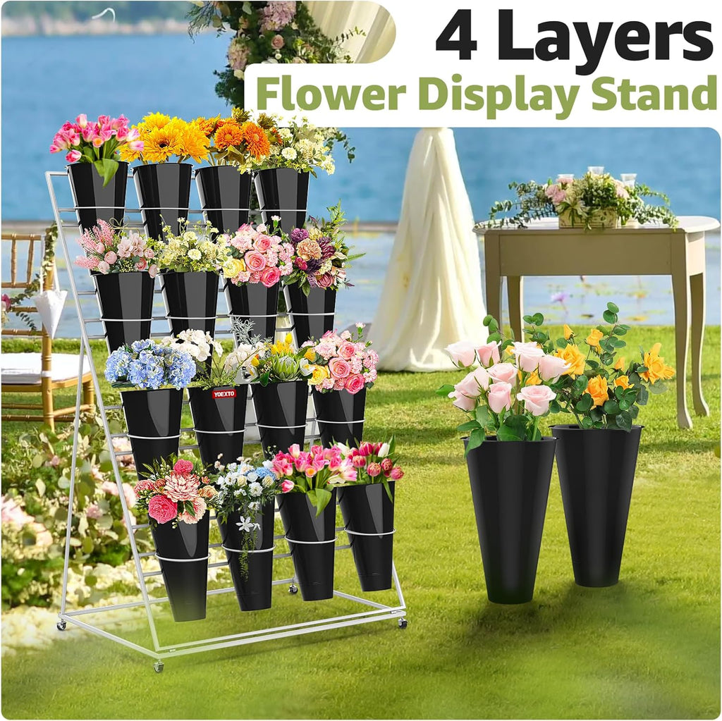 Flower Display Stand 4 Layers with 16 PCS Round Buckets, Plant Stand with Wheels, Movable Metal Plant Stand for Terrace Garden, Florist Shop
