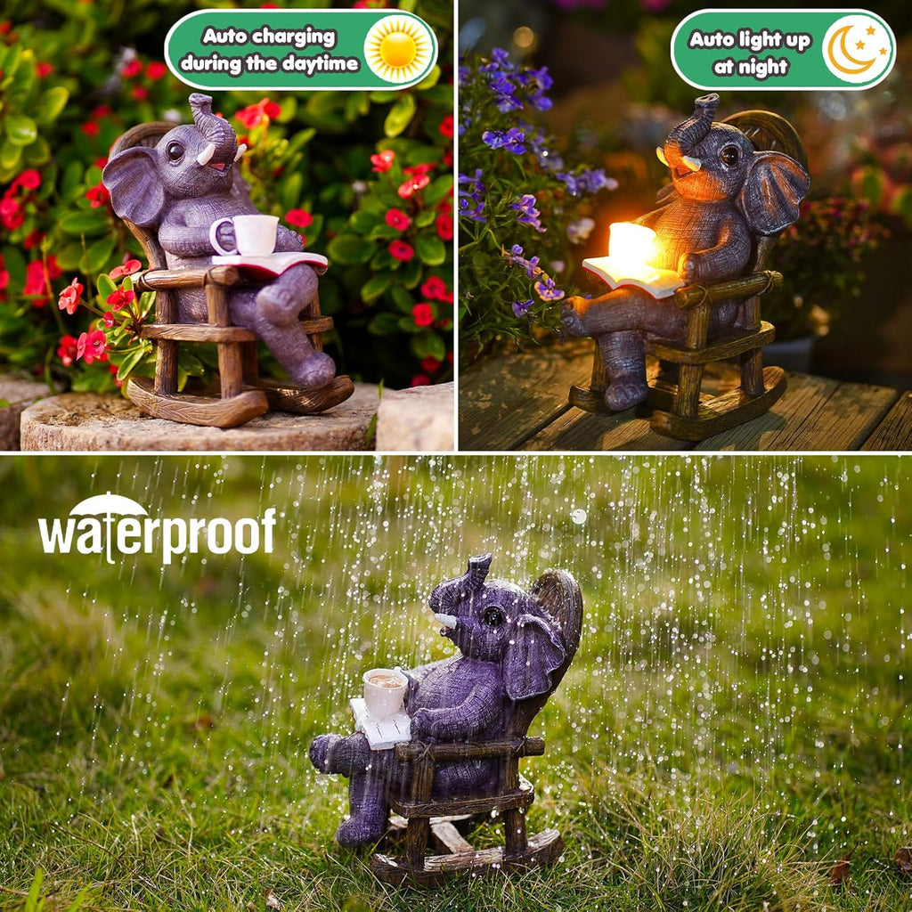Elephant Statue Recliner Light Up Cup - Resin Elephant Fairy Garden Decor - Suitable for Home Desk Garden Lawn Patio Porch Ornamental, Unique Birthday Gifts for Mom Daughter(6.8 inch)