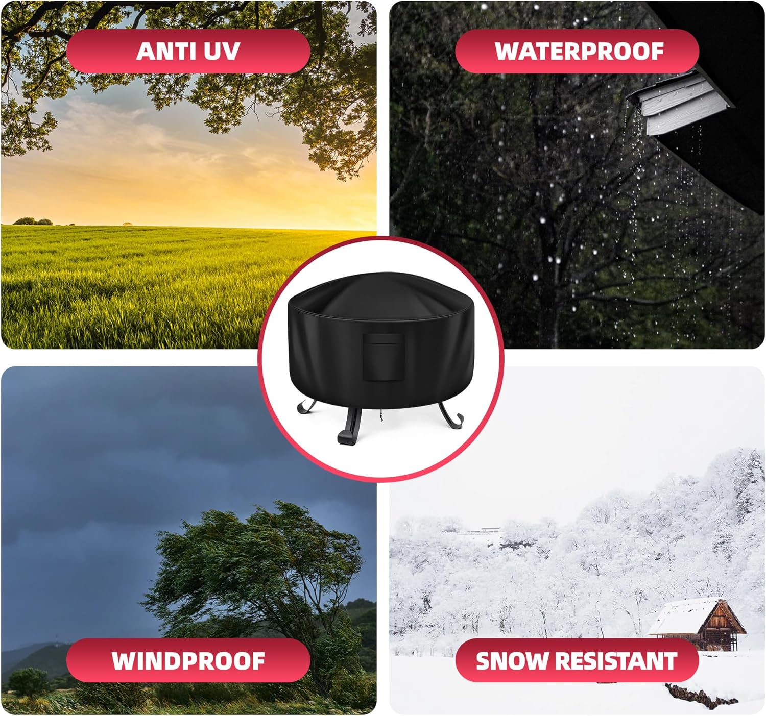 WLEAFJ Fire Pit Cover - 44 Inch, Heavy Duty Oxford Fabric, Full Coverage, Waterproof