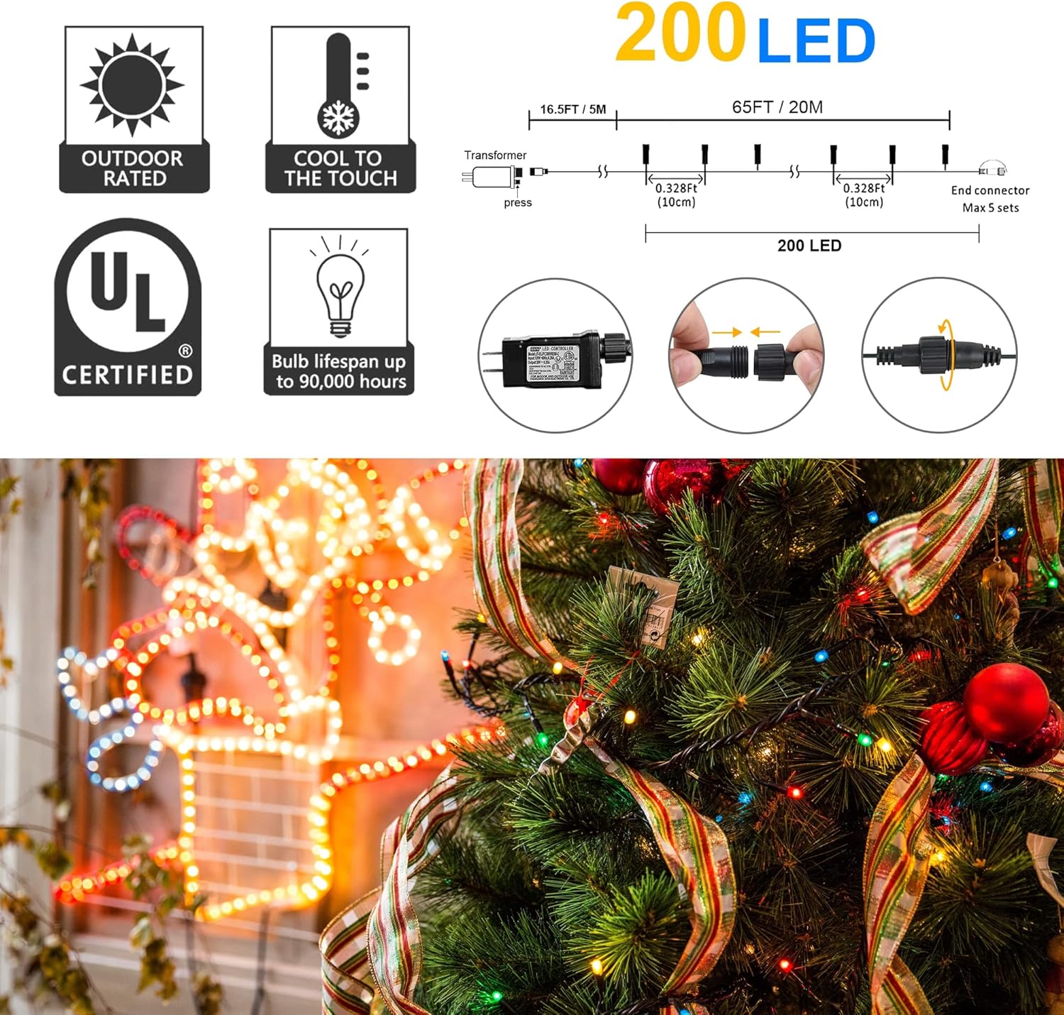 weillsnow 66 FT 200 LED Christmas Lights, Plug in Connectable Green Wire Fairy Lights with 8 Twinkle Modes, Outdoor Waterproof Christmas Lights for Garden Patio Wedding Decorations (Multicolored)