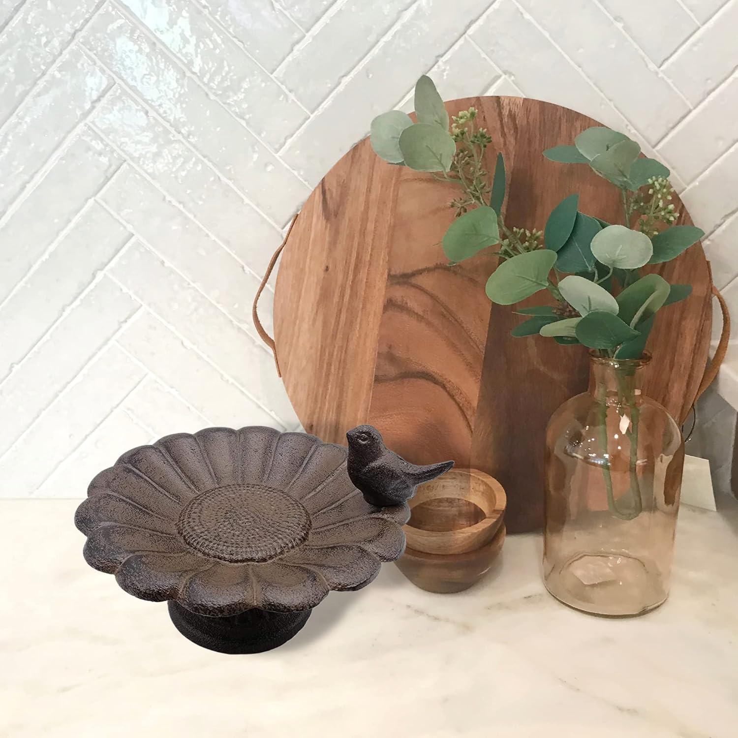 Comfy Hour Spring is Here Collection 7" Cast Iron Birdfeeder Birdbath Outdoor Garden, Brown