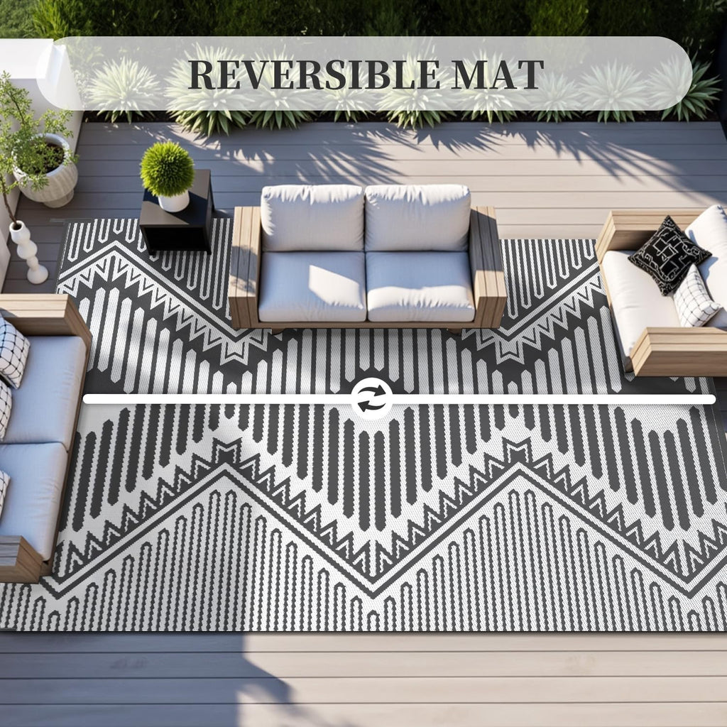 MontVoo Outdoor Rug-Waterproof Patio Rug Mat 5x8 Outdoor Carpet Mat Reversible Plastic Straw Outside Outdoor Rug for RV Camping Picnic Beach Balcony Backyard Pool Deck Porch Modern Boho Grey