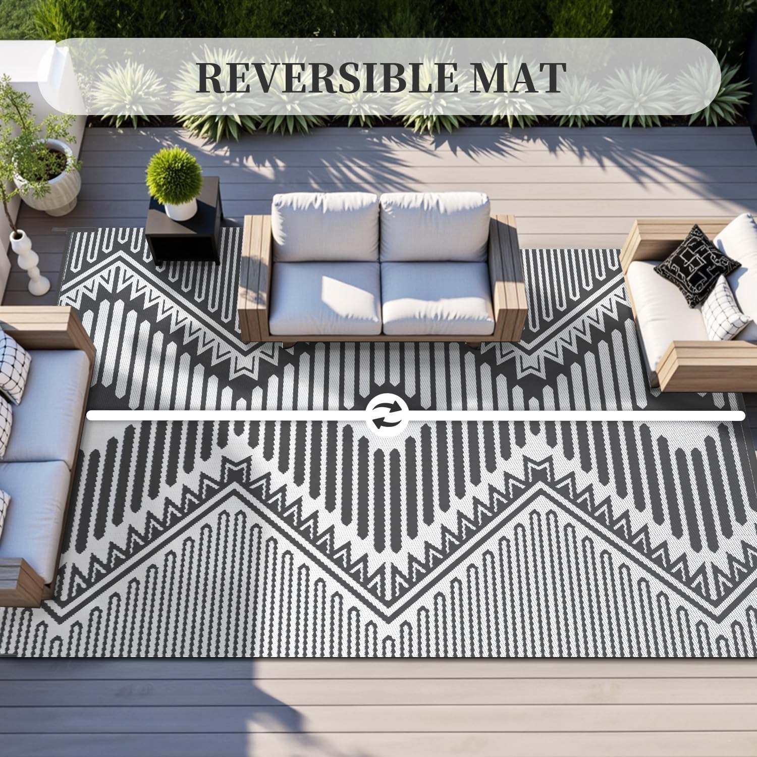 MontVoo Outdoor Rug-Waterproof Patio Rug Mat 5x8 Outdoor Carpet Mat Reversible Plastic Straw Outside Outdoor Rug for RV Camping Picnic Beach Balcony Backyard Pool Deck Porch Modern Boho Grey