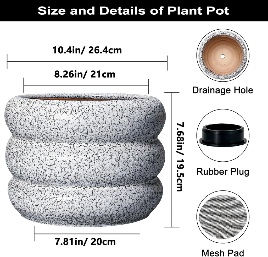 SQOWL Ceramic Planter - 10 Inch Ceramic Plant Pot Indoor, Round Planter with Drainage Hole, Modern Flower Pots Outdoor, Home Living Room Garden Decor, Gardening Gifts, Black and White