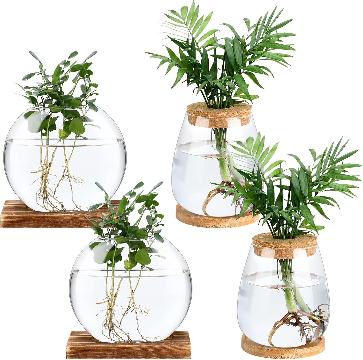 Layhit 4 Pcs Plants Propagation Stations vases Glass Planters with Wooden Lid and Bamboo Stand for Hydroponic Plants Gardening Gifts for Women Mom Home Office Tabletop Decoration(Cute Style)