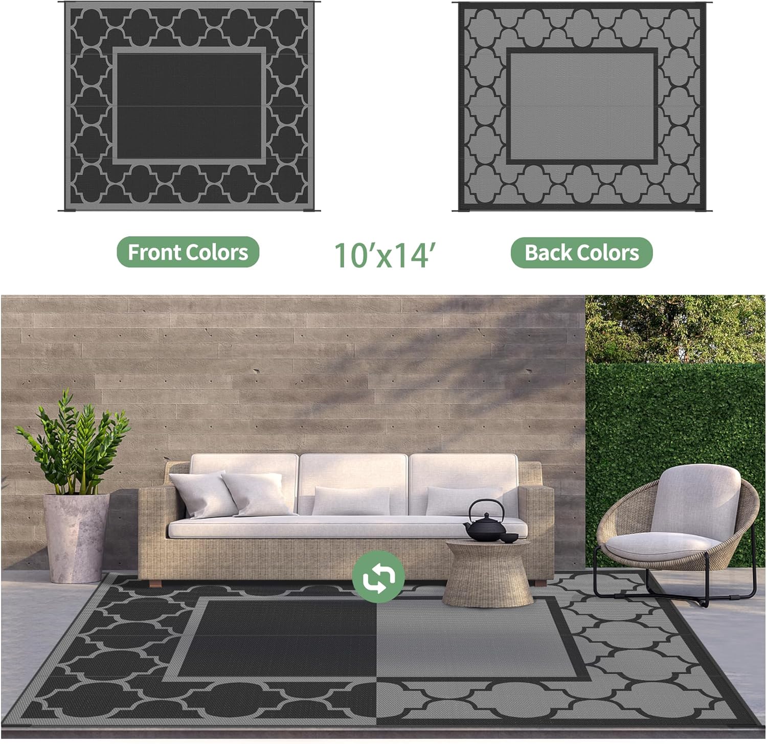 GENIMO 10 ' x 14 ' Outdoor Rug Waterproof for Patio Decor, Foldable Reversible Plastic Straw Area Rugs Mat for Camper, Outside Carpet for Rv, Deck, Porch, Picnic, Beach, Balcony, Black & Grey