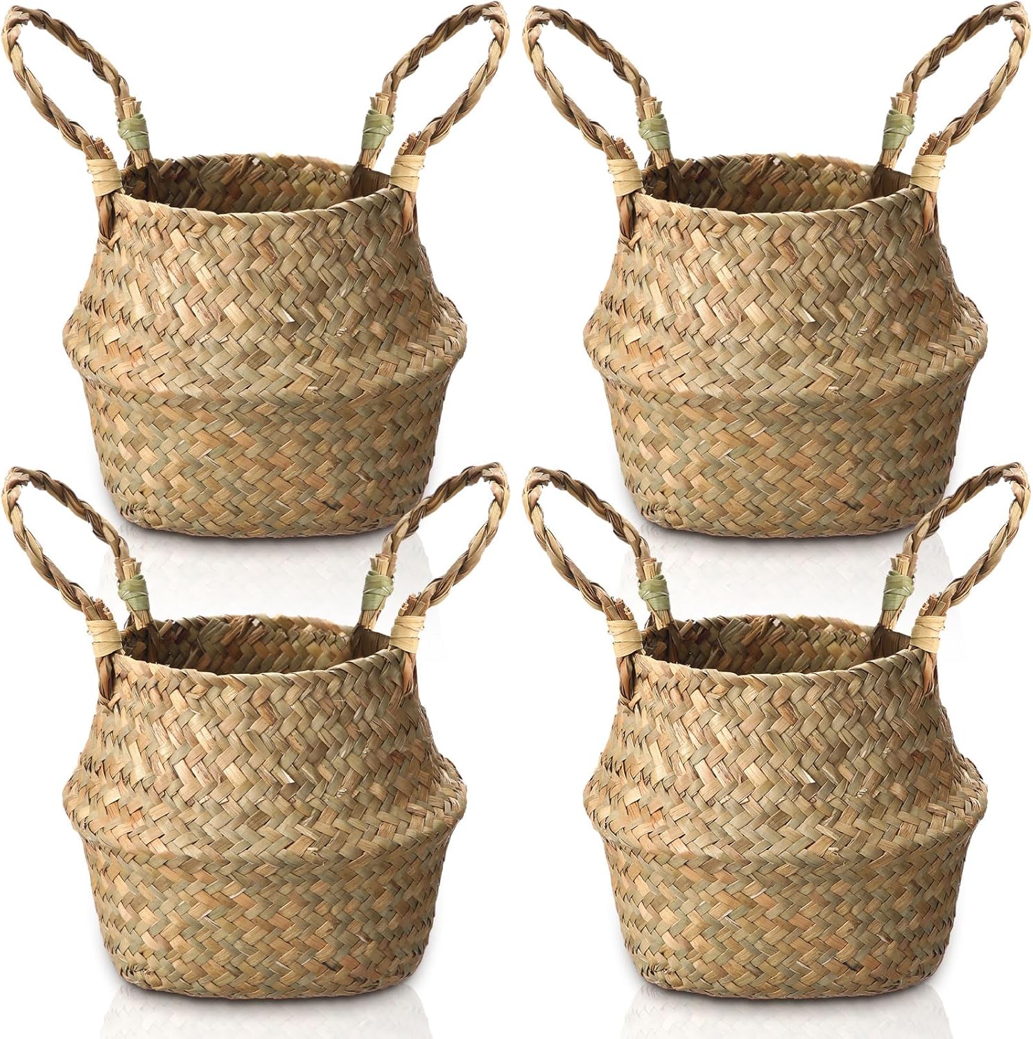 Qunclay 4 Pcs Woven Seagrass Baskets Belly Basket Folding Boho Natural Plant Pot with Handles Round Decorative Wicker Large Indoor Planter for Home Outdoor Tree Planters Decor (6.3 x 5.9 Inch)
