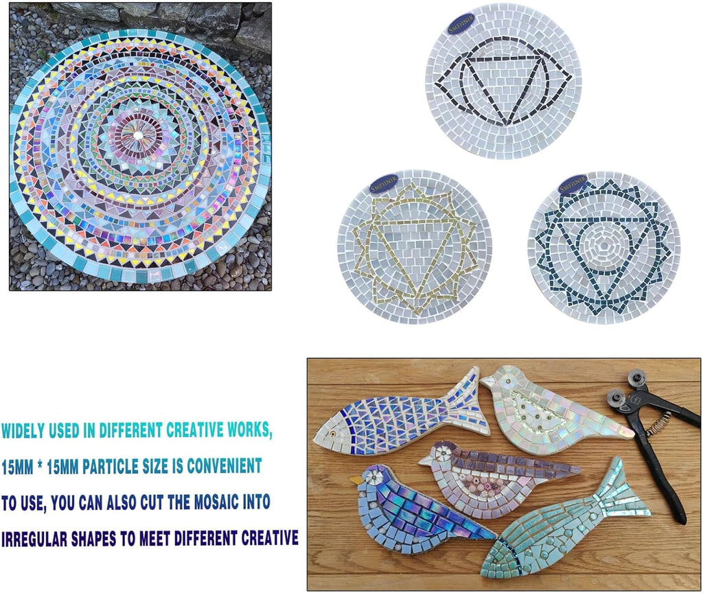 SMEIINIK 1.1lb/500g Square Mosaic Tiles Bulk,Glass Tiles for Art Mosaic Projects, Iridescent Stained Glass Pieces for Mosaic Works (AJ28-35)