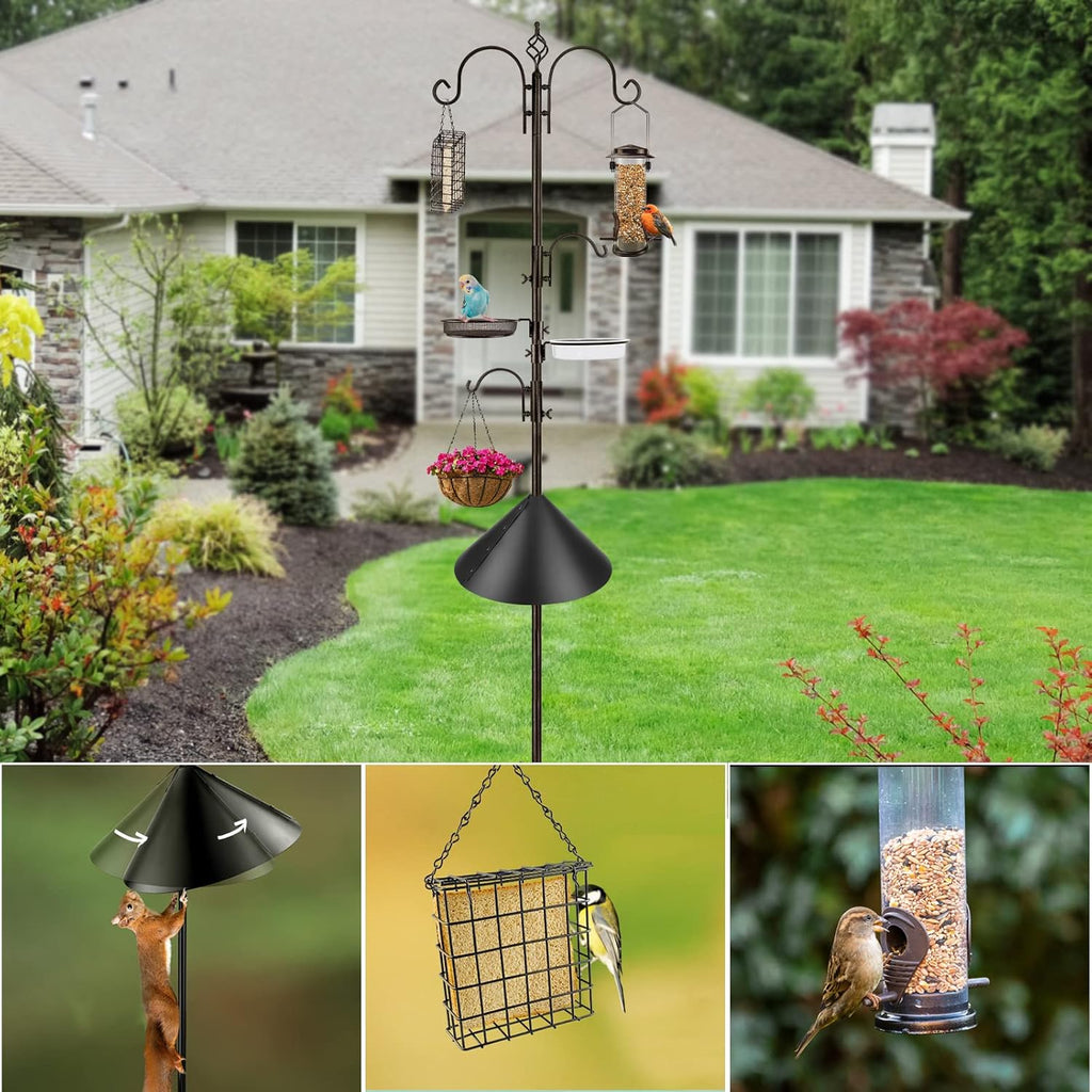 Bird Feeding Station Kit with Squirrel Baffle and Suet Cage Wild Bird Feeder Kit with Mesh Tray, Fruit Hook, and Double W Hook for Attracting Wild Birds