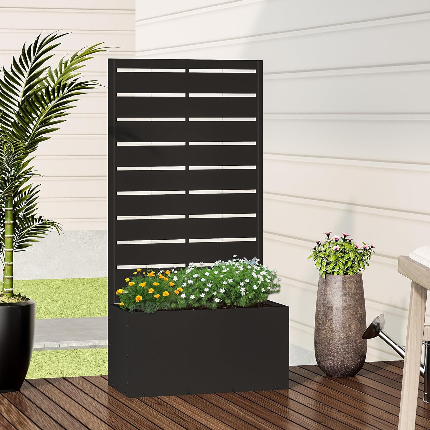 Casaphoria Metal Raised Garden Bed, 47"x24"x12" Planter Box for Climbing Plants, Vegetables & Vines, Features Drainage Holes and Privacy Screen (Black-Louvered)