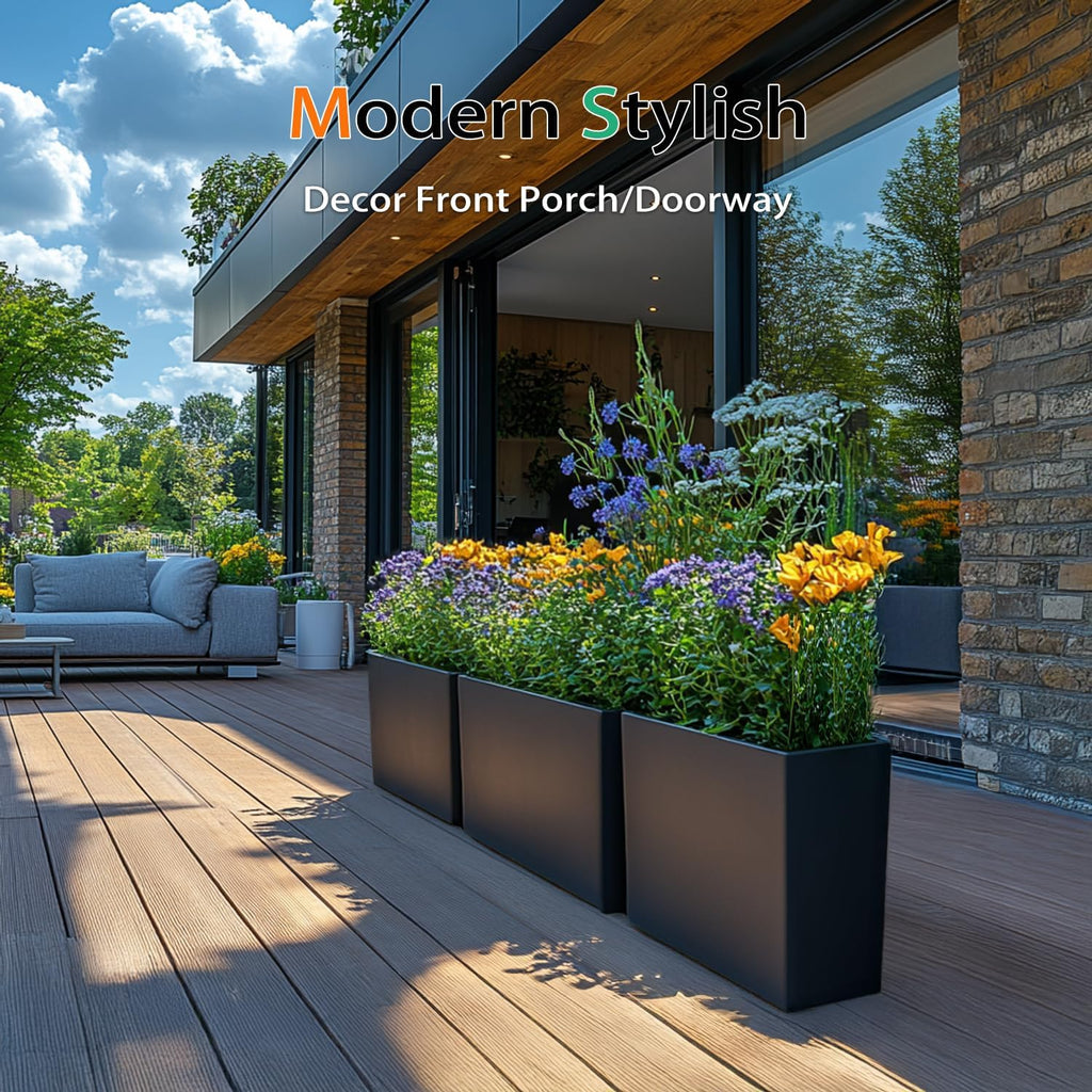 Rectangular Planter Box for Outdoor Plants, Large Tall Resin Garden Pots for Front Porch, Patio, Indoor (Black, 25 x 21 inch)