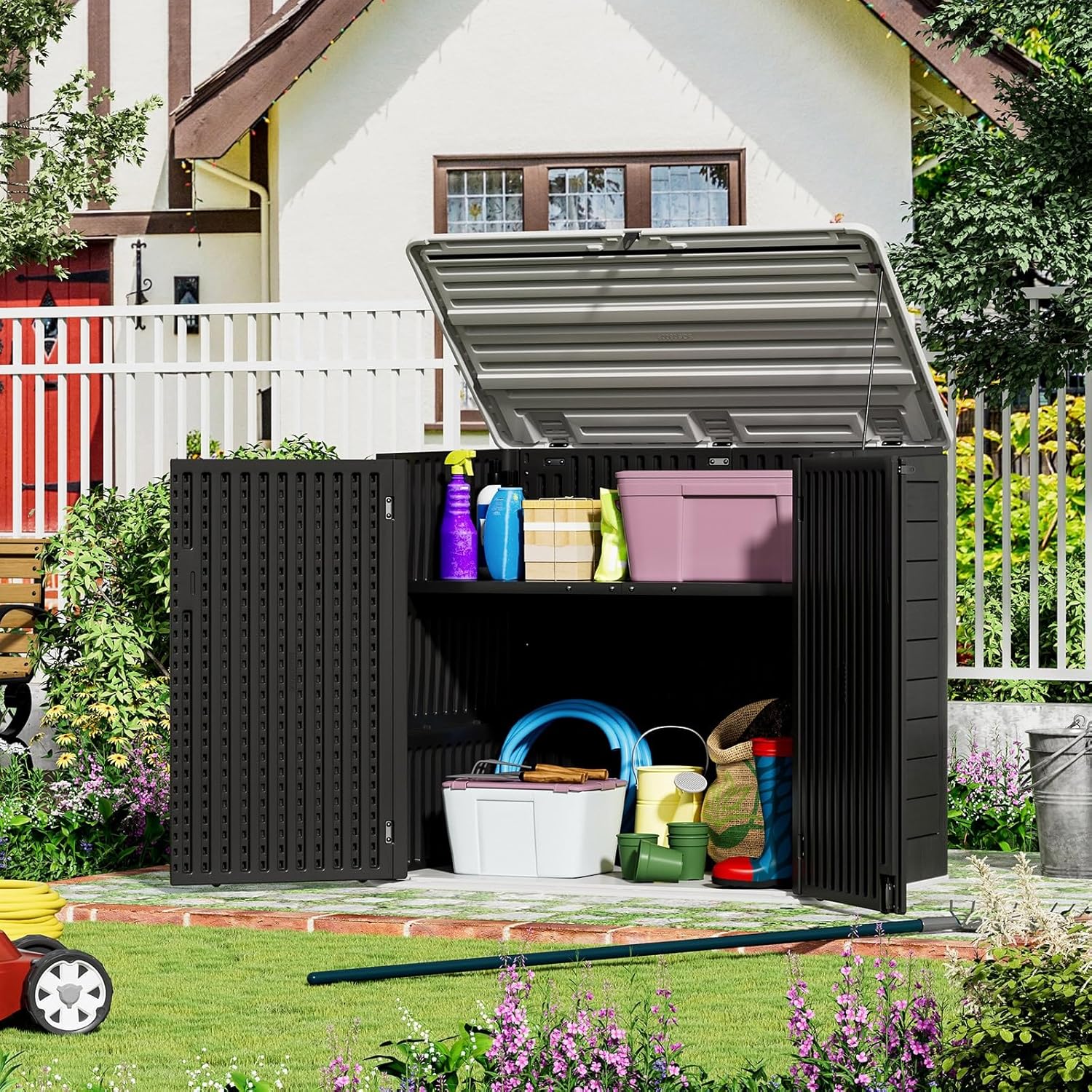 ZZM Large Outdoor Storage Shed, 48 Cu Ft Resin Versatile Storage Cabinet for Patio Accessories, Trash Cans & Garden Tools, Durable Horizontal Storage Box with Lockable Lid (Black)