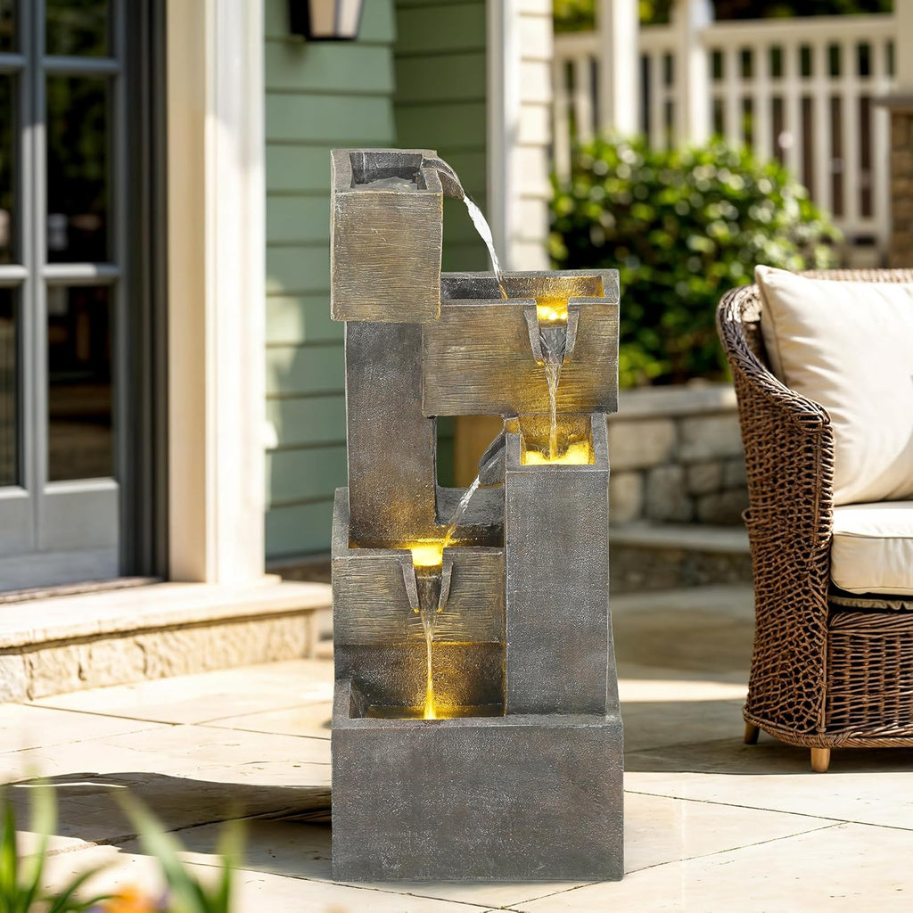 32.5" Modern Outdoor Water Fountain with LED Lights, 5-Tier Stacked Blocks Garden Fountain Cascading Waterfall Feature for Relaxing Garden, Patio, Backyard, Deck, Porch or Home Décor
