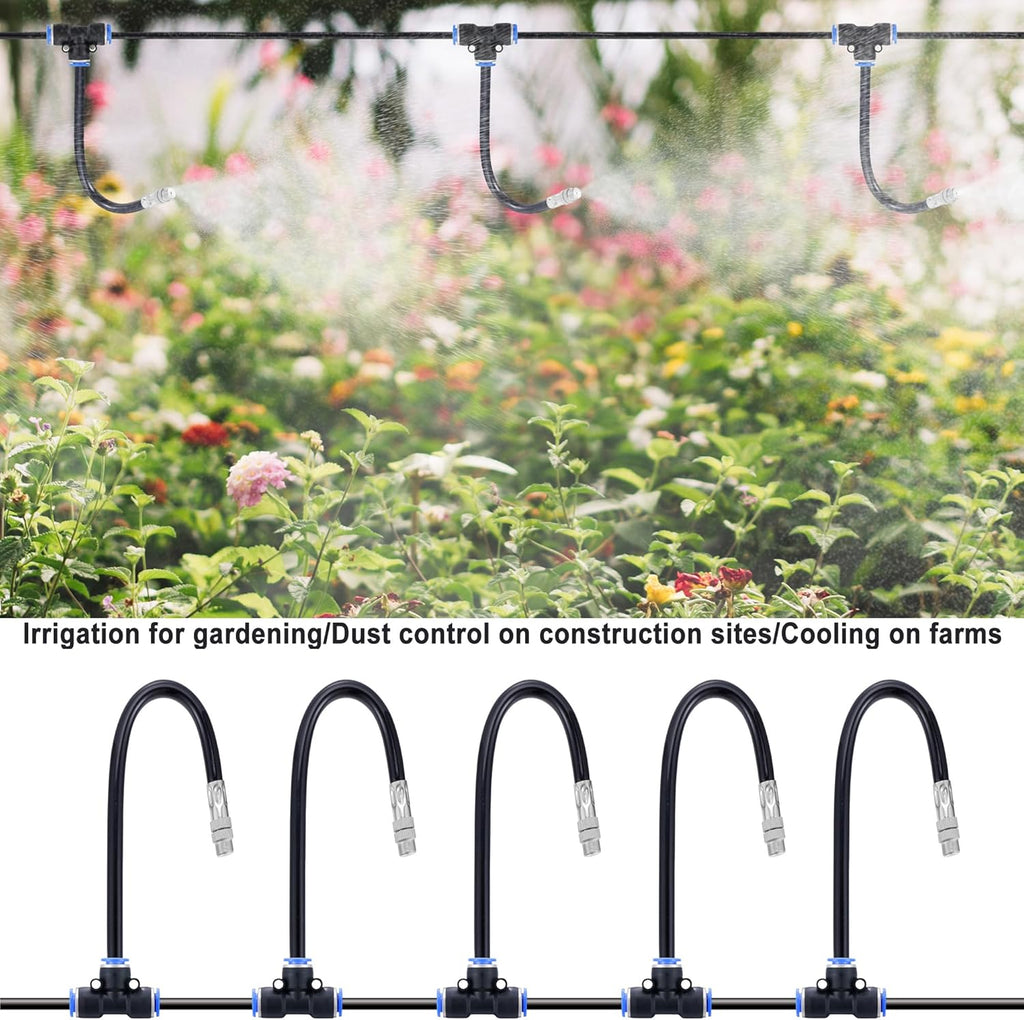 Mornajina 5Packs Brass Misting Nozzles Tee with 12inch Built in Hose for Outdoor Cooling System, Adjustable 360° Rotation, Water Mister Nozzles Thread Sprayer 0.043" (1.1 mm)