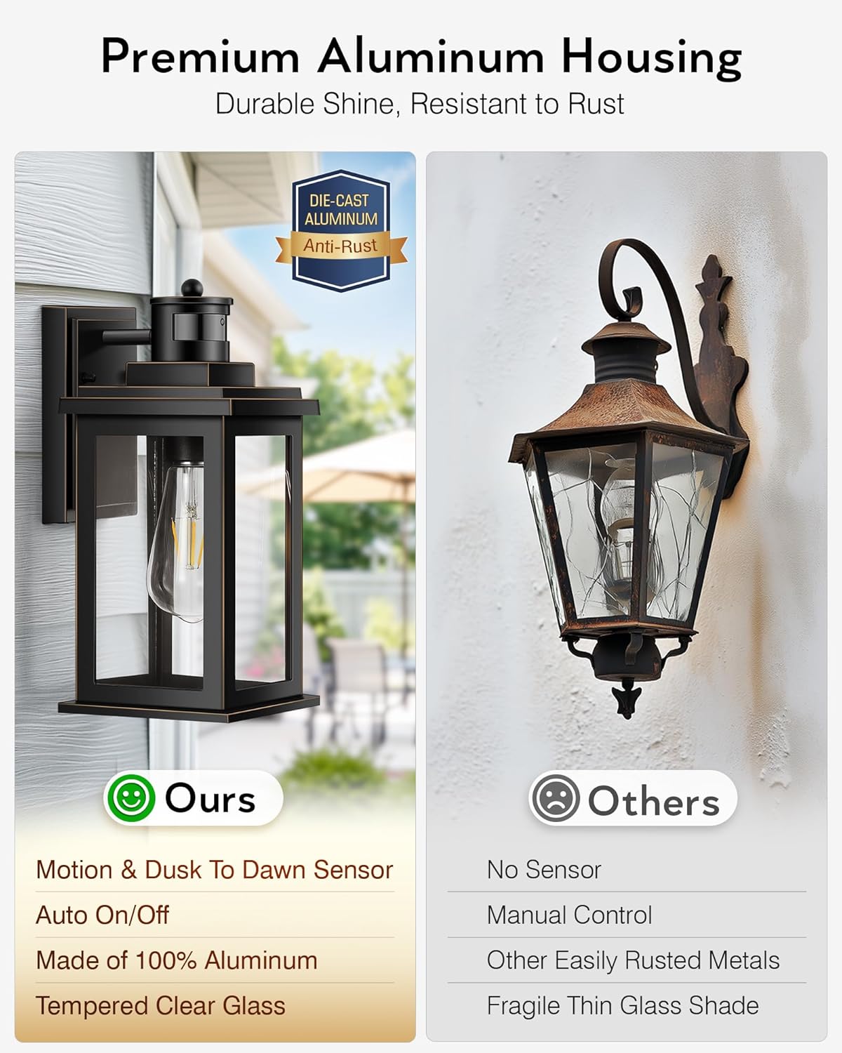 VIANIS 2 Packs Motion Sensor Outdoor Lights for House, Dusk to Dawn Front Porch Light, Black Gold Outdoor Light Fixture Sconce with Tempered Glass for House, Doorway, Entryway,Hardwired, Non-Solar