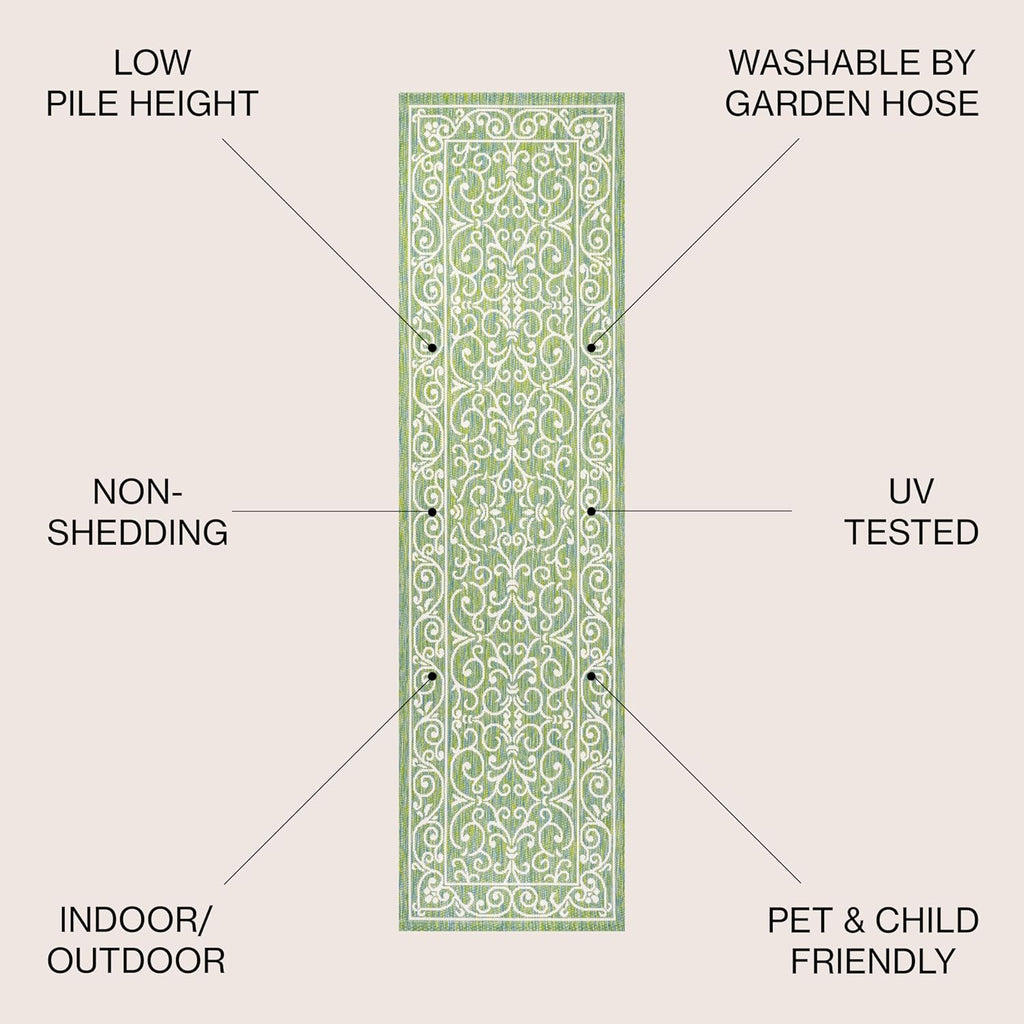 JONATHAN Y SMB106K-210 Charleston Vintage Filigree Textured Weave Indoor Outdoor Runner Rug, Classic, Traditional, Transitional Easy Clean,Bedroom,Kitchen,Backyard,Patio, Non-Shed, Green/Ivory, 2 X 10