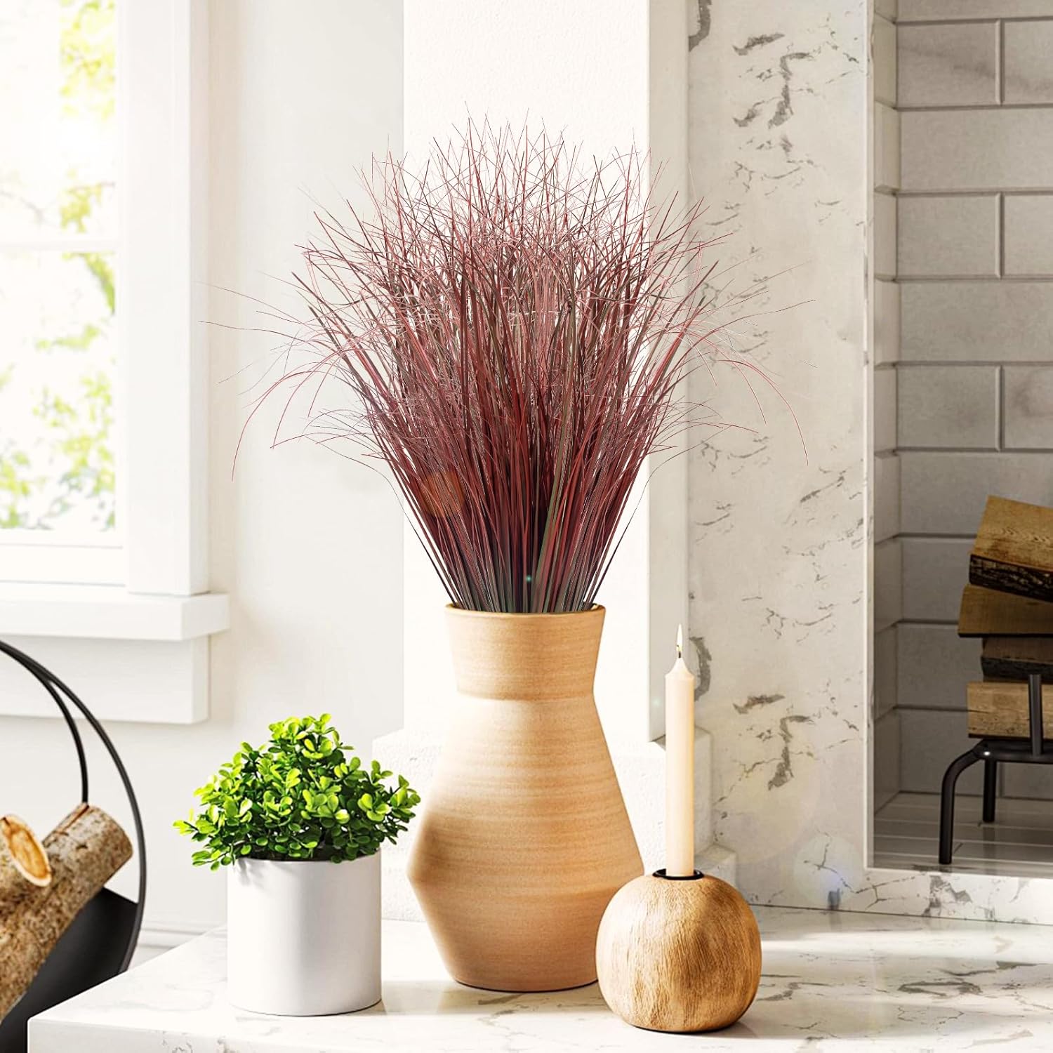 36Pcs Artificial Grass Plants, Faux Shrubs Wheat Grass, Artificial Tall Grasses Fake Plants for Outdoor Decor,Artificial Greenery Stems Weed for Room Indoor Home Decor（Red）