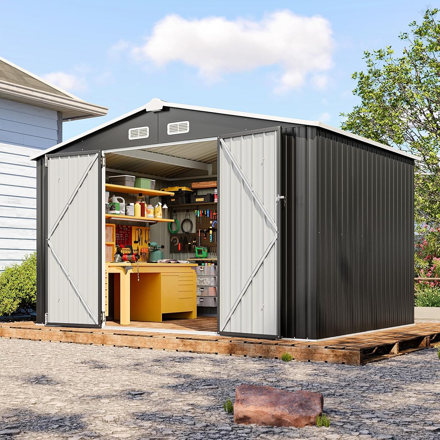8x10 FT Outdoor Storage Shed, Utility Steel Tool Shed with Lockable Door and Air Vents, Galvanized Metal Shed for Garden Backyard Patio Lawn (8'x10', Black)
