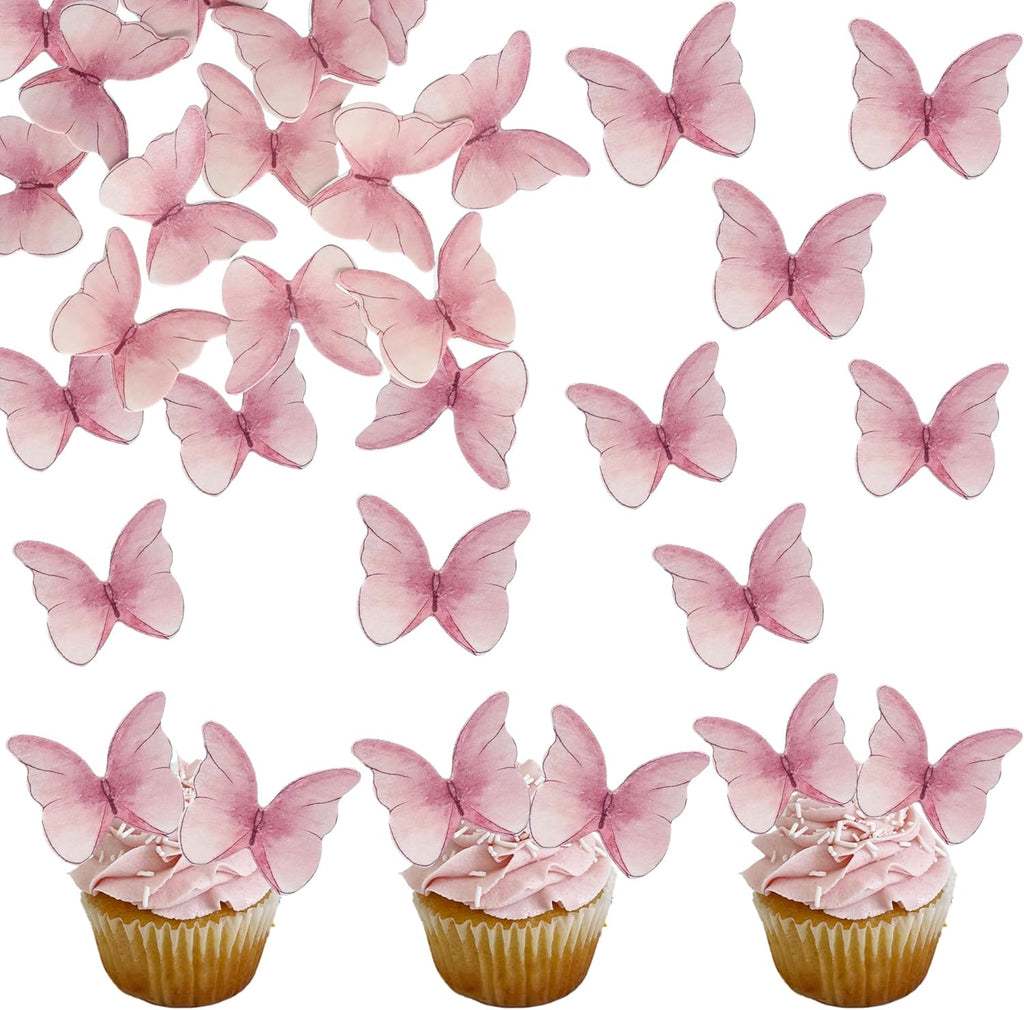 Ephlyn 48Pcs Edible Butterfly Cupcake Toppers Cute 3D Butterfly Cake Picks for Butterfly Theme Baby Shower Bridal Shower Boys Girls Birthday Party Cake Decorations Supplies Pink