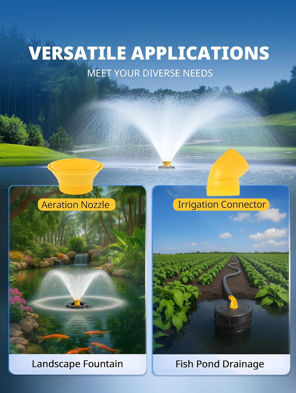 Pond Fountain Aerator, 1HP 15000 GPH Fountain Pump with Timer, 15A/110V 100FT power cord, 2 Spray Patterns, Energy-Efficient Water Circulation for Ponds & Lakes