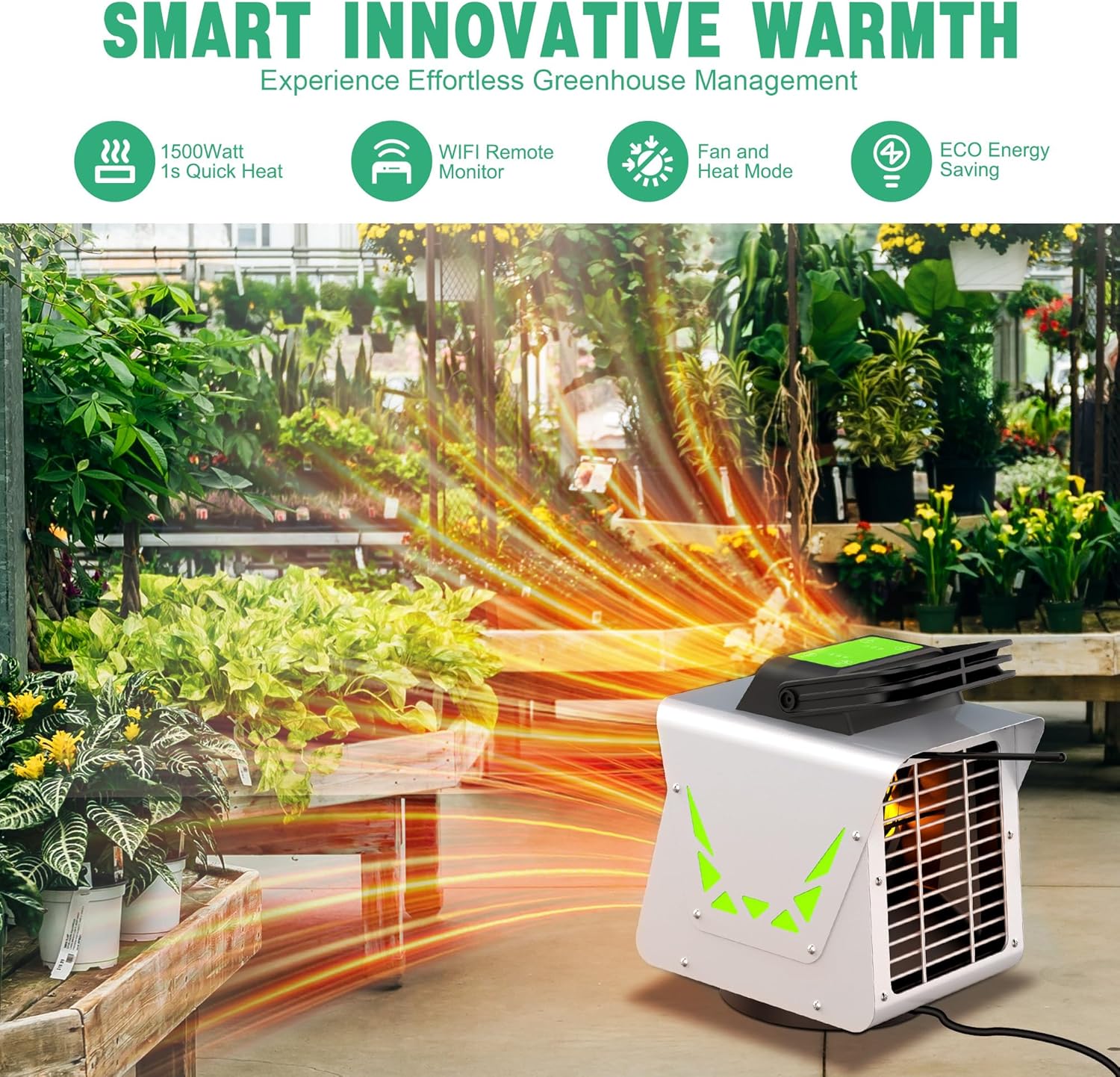 Greenhouse Heater 1500W with APP Remote Control, Greenhouse Heater With Thermostat, Portable Outdoor Heater for Plants Vegetables Flowers,Smart Electric Safe Heater for Green house,Grow Tents,Garage