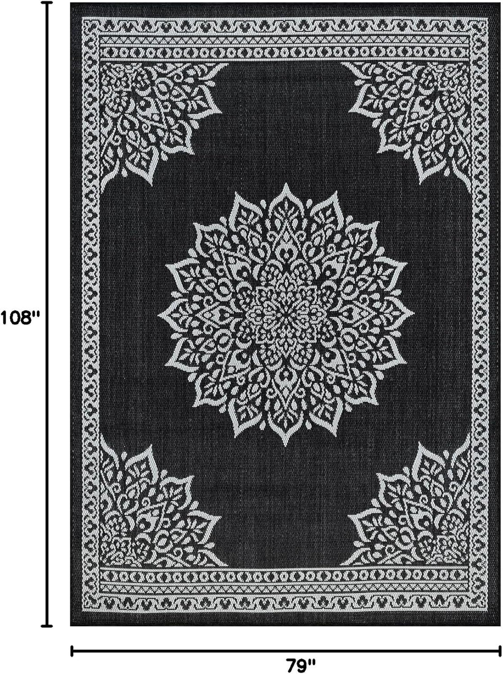CAMILSON Outdoor Rug, 6x9 Medallion Black White Modern Area Rugs for Indoor and Outdoor Patios, Kitchen and Hallway Mats, Washable Porch Deck Outside Carpet (Medallion Black, 6 x 9)
