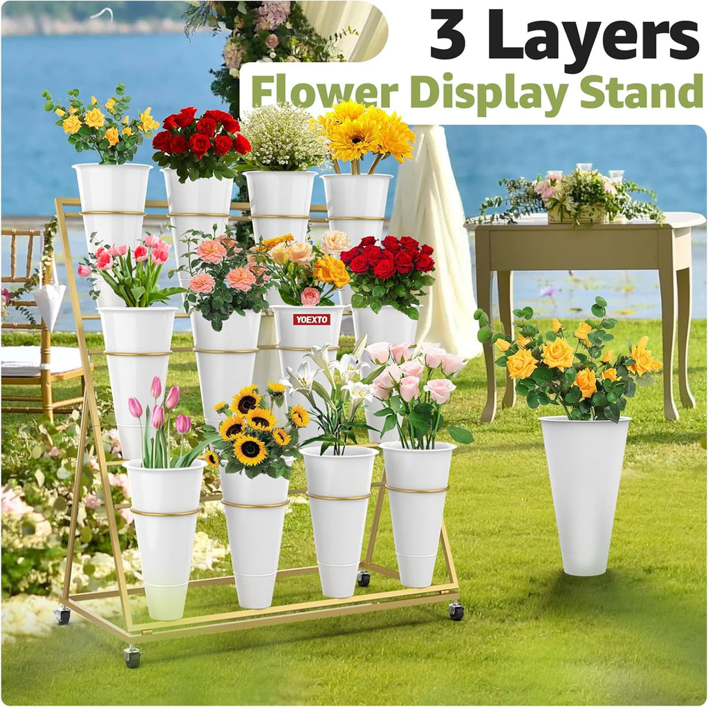 Flower Display Stand 3 Layers with 12 PCS Round Buckets, Plant Stand with Wheels, Movable Metal Plant Stand for Terrace Garden, Florist Shop (Gold Frame, White Buckets, 3-Tier, 12 Buckets)