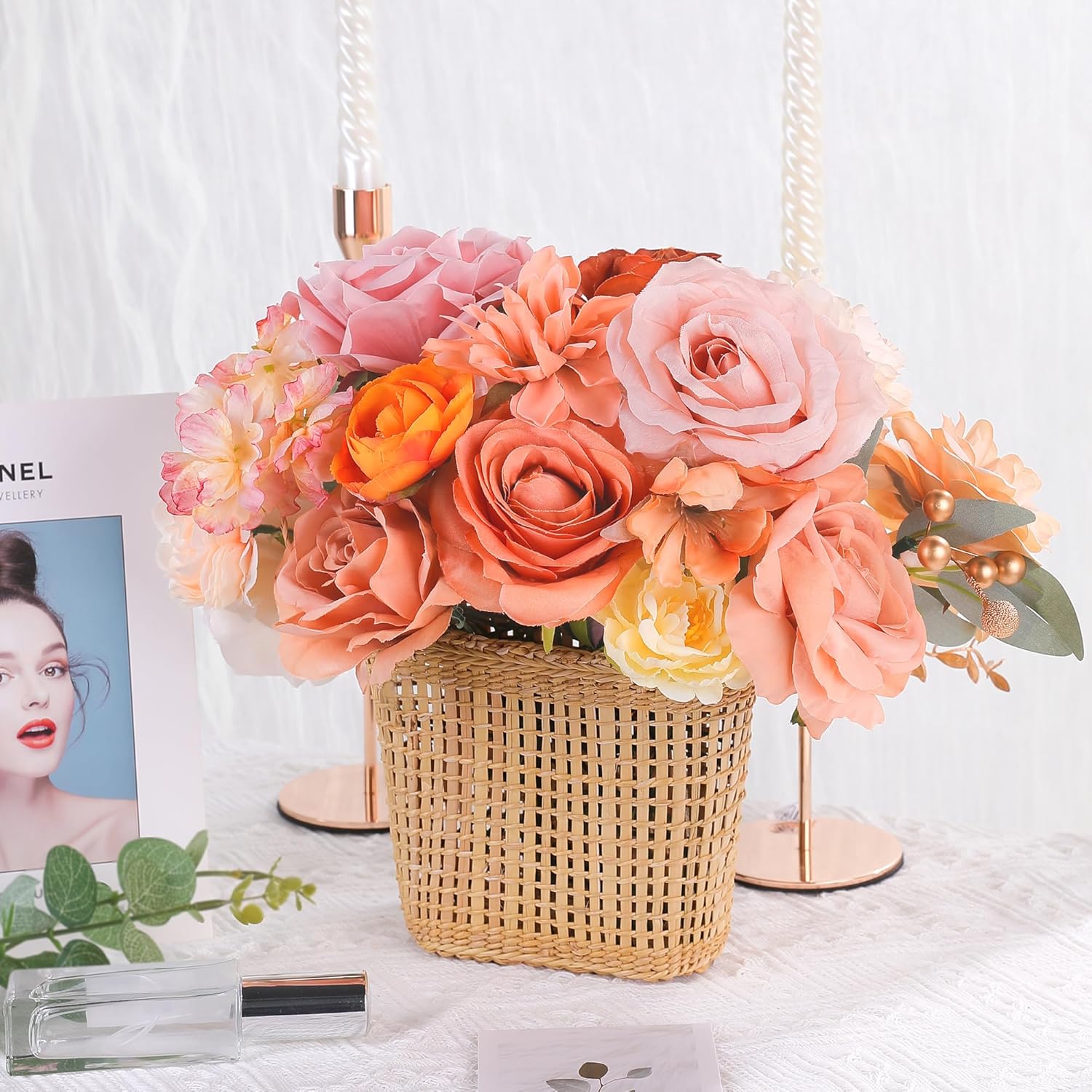 AGIRL Rose Artificial Flowers Combo Fake Flowers Rose Silk Flowers with Stems for DIY Wedding Bouquets Centerpieces Arrangements Table Decor Bridal Baby Shower Party Home Fall Decor (Champagne)